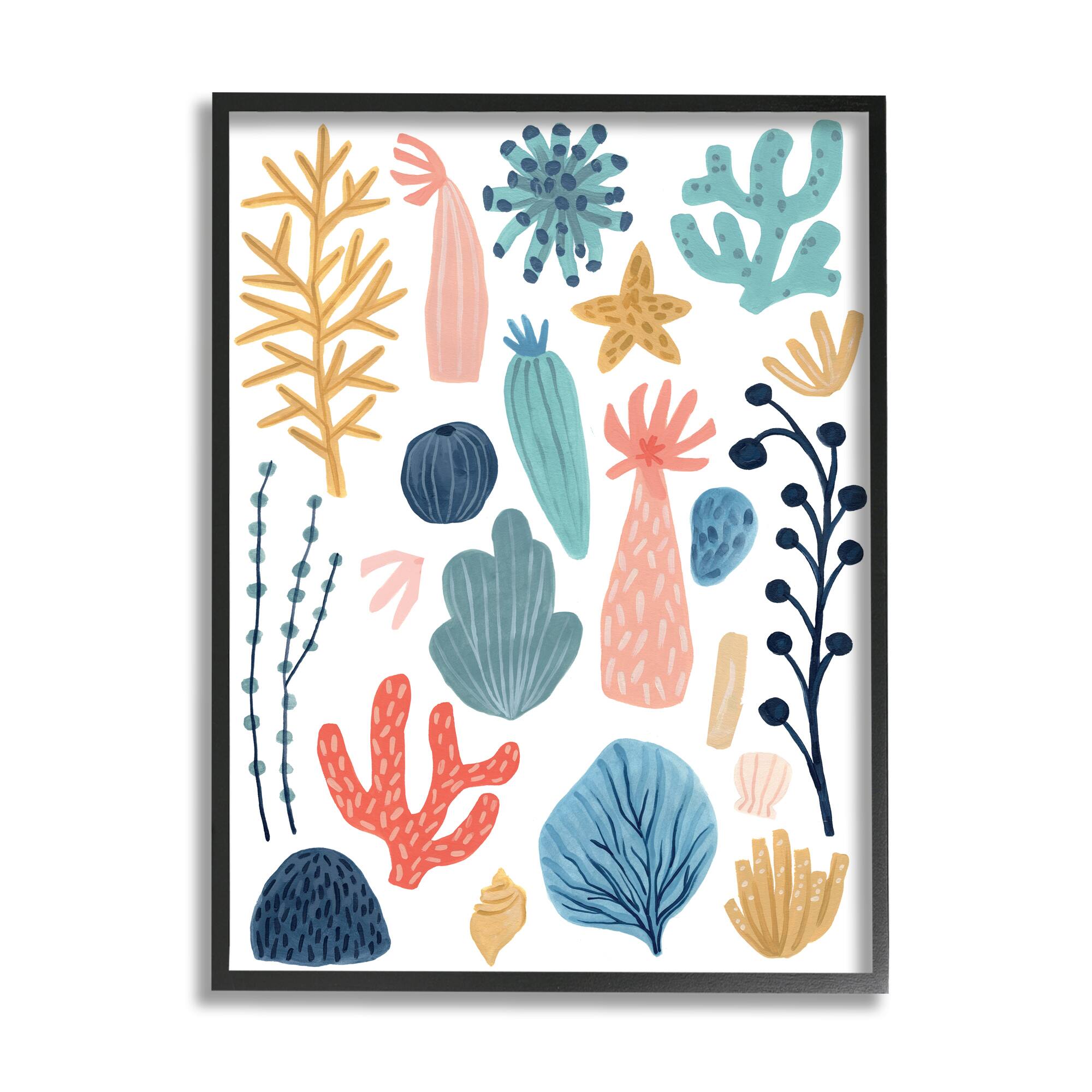 Stupell Industries Coral Reef Ocean Life Playful Pastel Sea Plants in Black Frame Wall Art