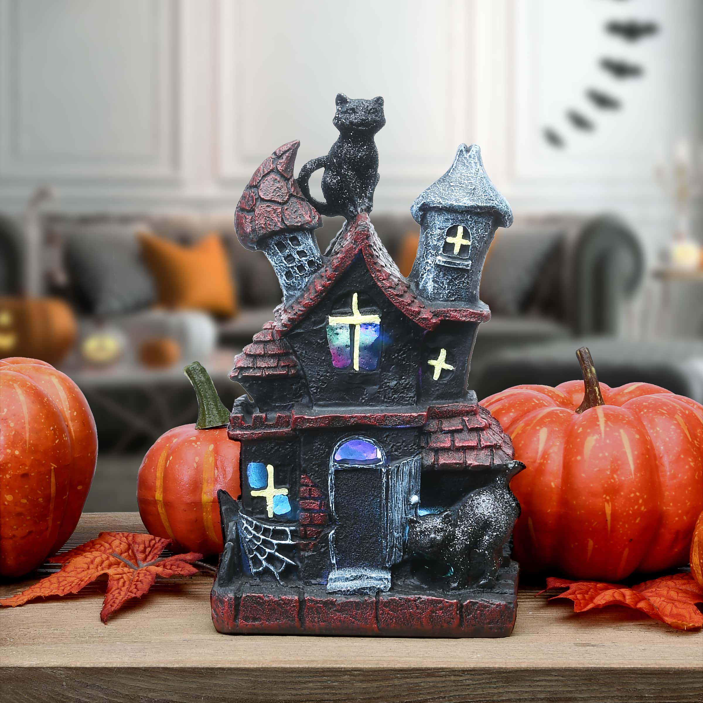 7" Black Cats Haunted House with LED Light