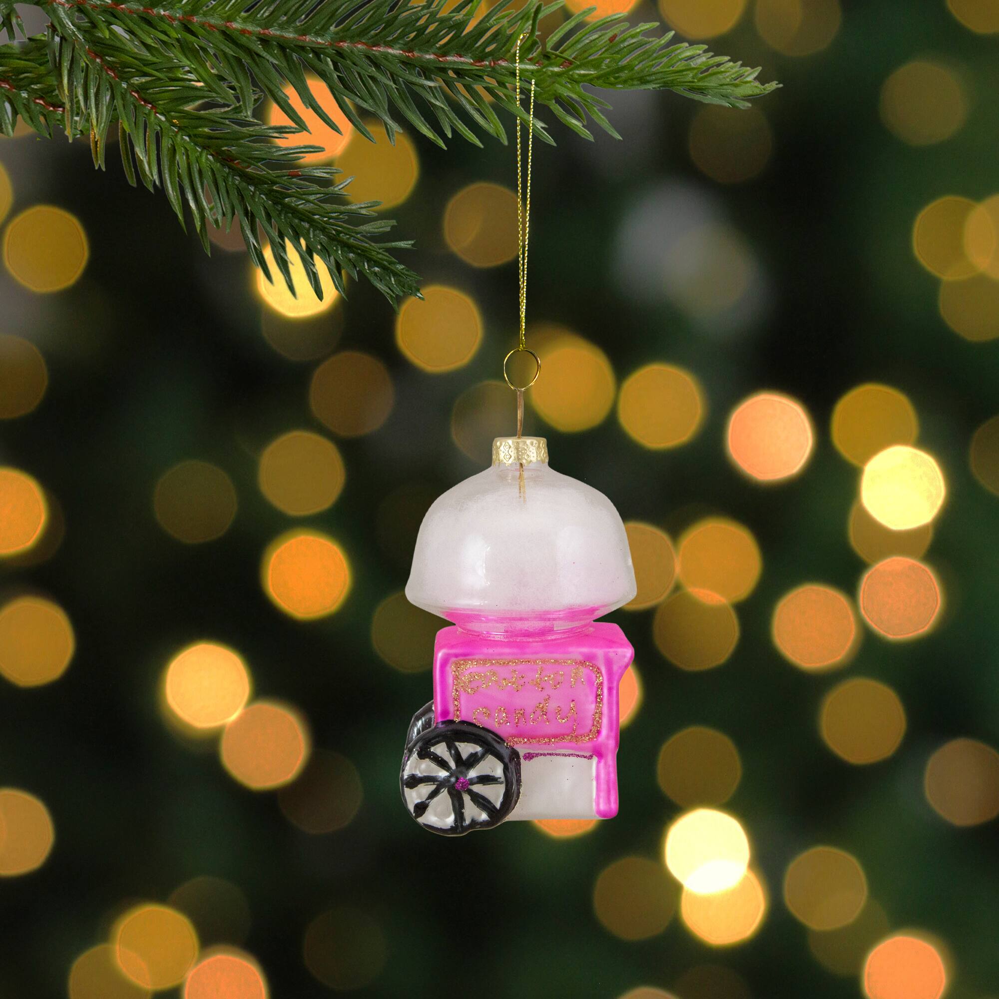 3.5&#x22; Pink, White &#x26; Gold Cotton Candy Machine Glass Christmas Ornament