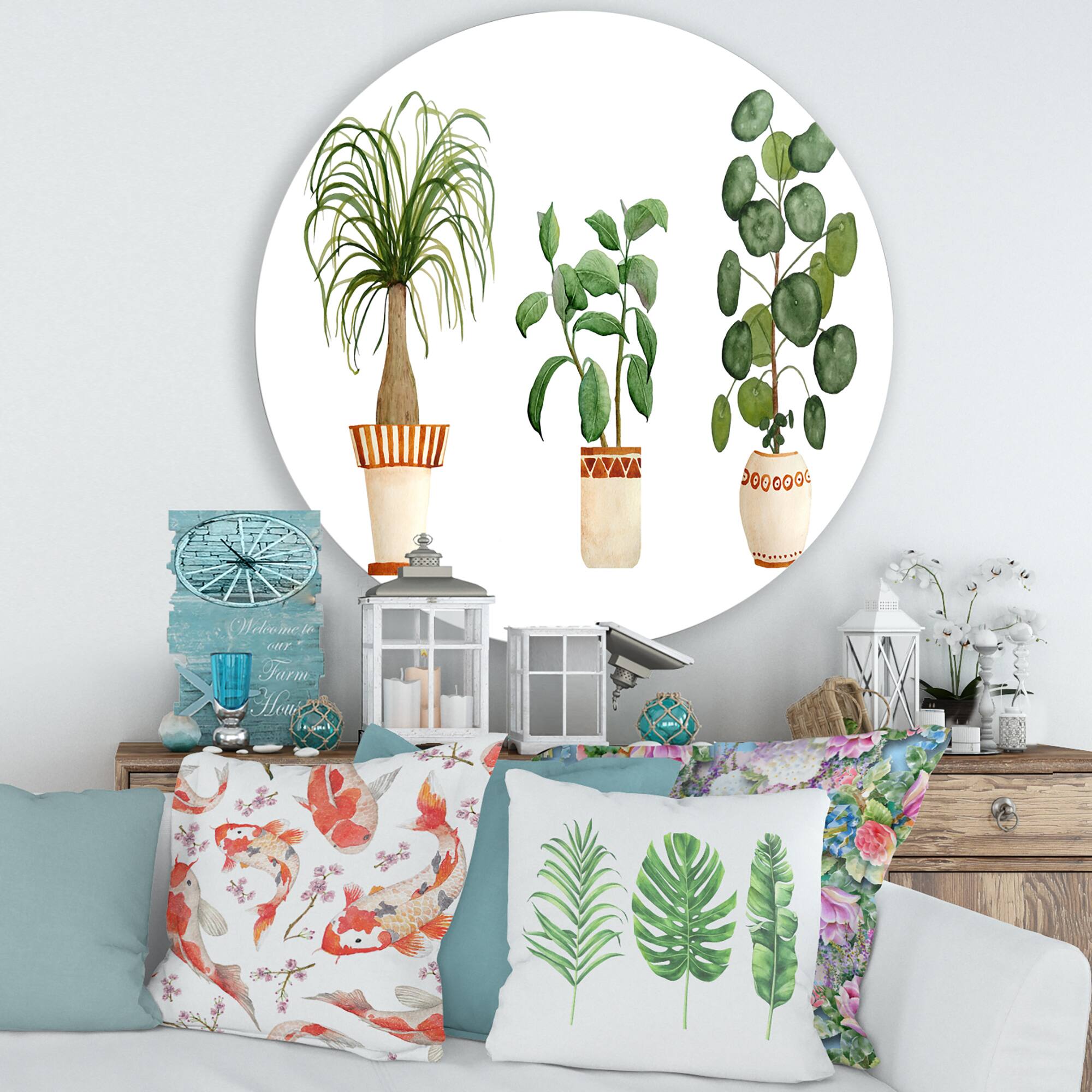 Designart - Trio of House Plants Ponytail Palm and Ficus - Traditional Metal Circle Wall Art