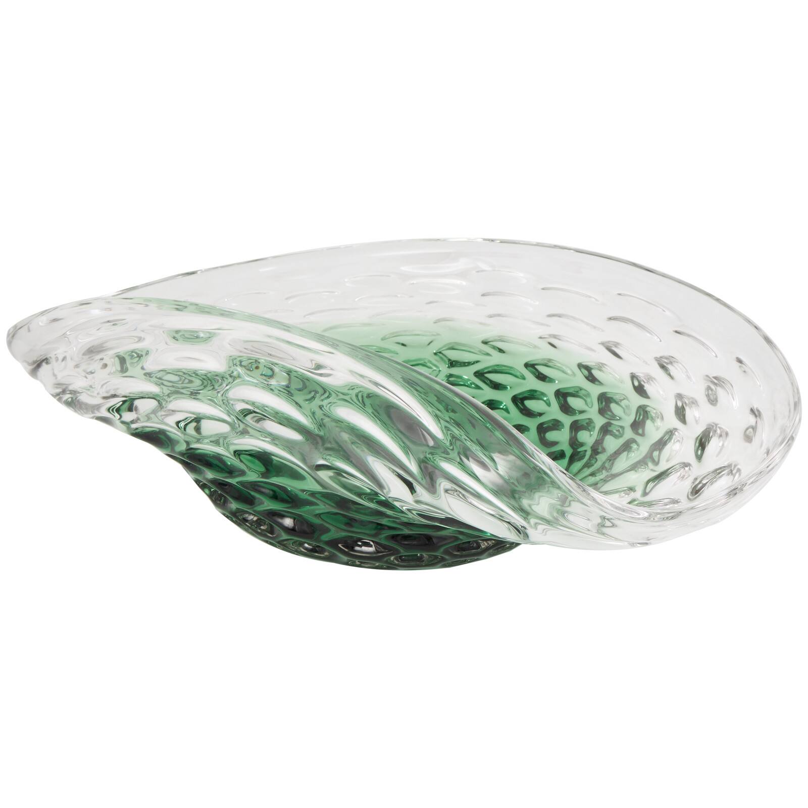 18&#x22; Handmade Green Ombre Abstract Wavy Glass Bowl with Bubble Texturing