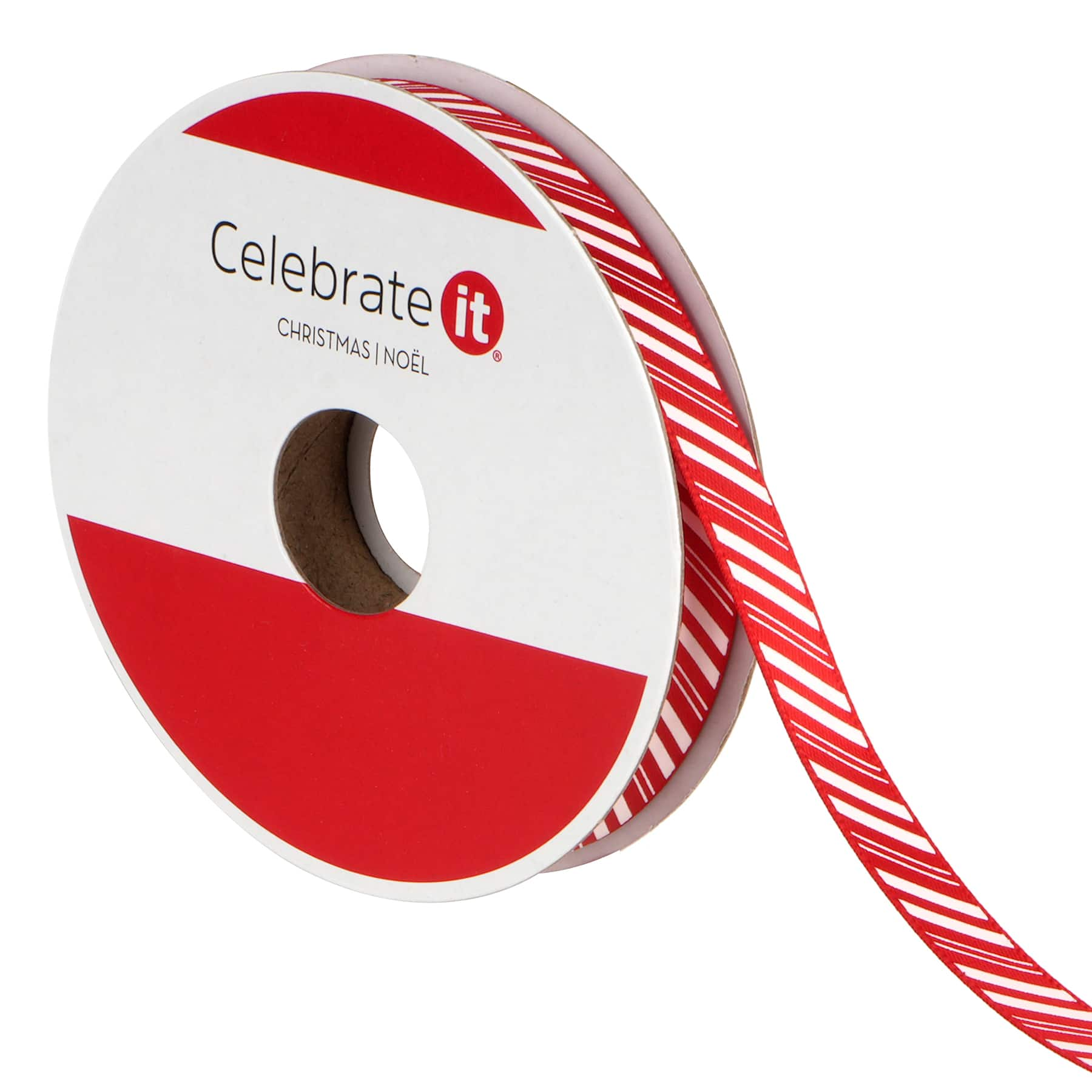 3/8&#x22; x 12ft. Red &#x26; White Diagonal Stripes Ribbon by Celebrate It&#xAE; Christmas