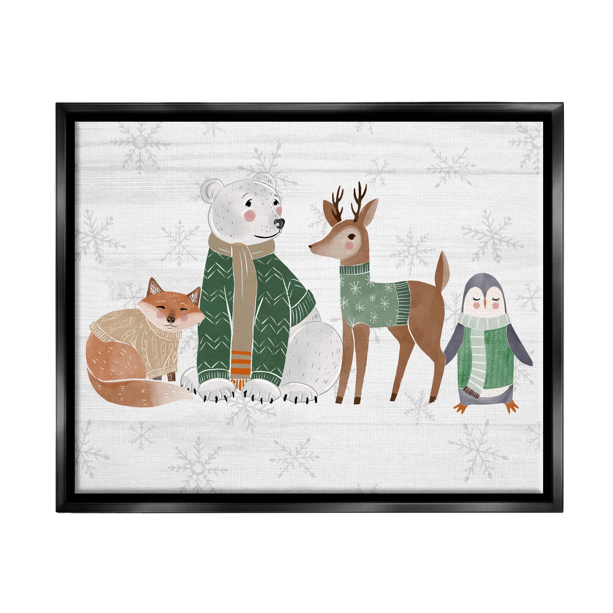 Stupell Industries Winter Wildlife Animals Snowflakes Framed Floater Canvas Wall Art