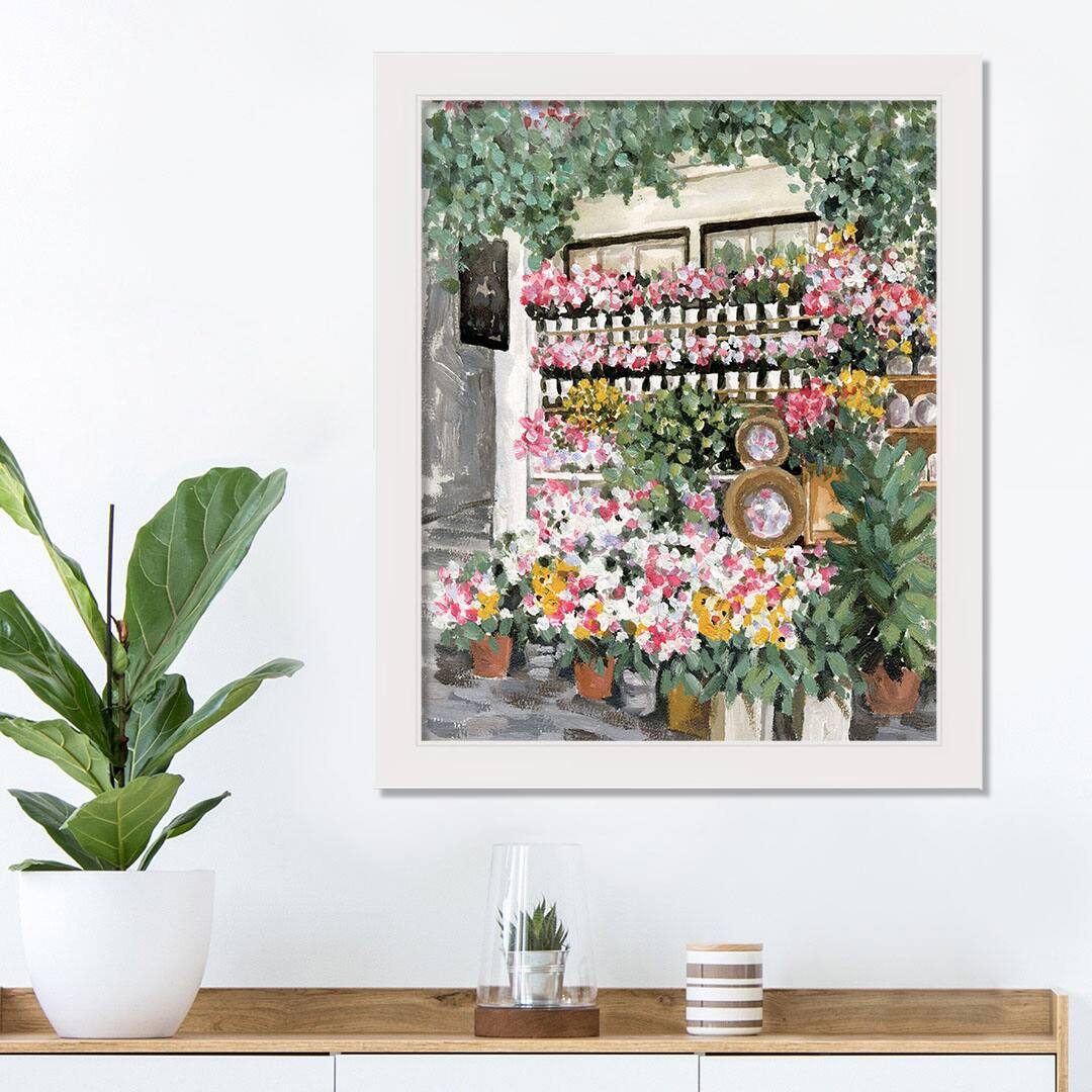 Flower Market Scene White Framed Print