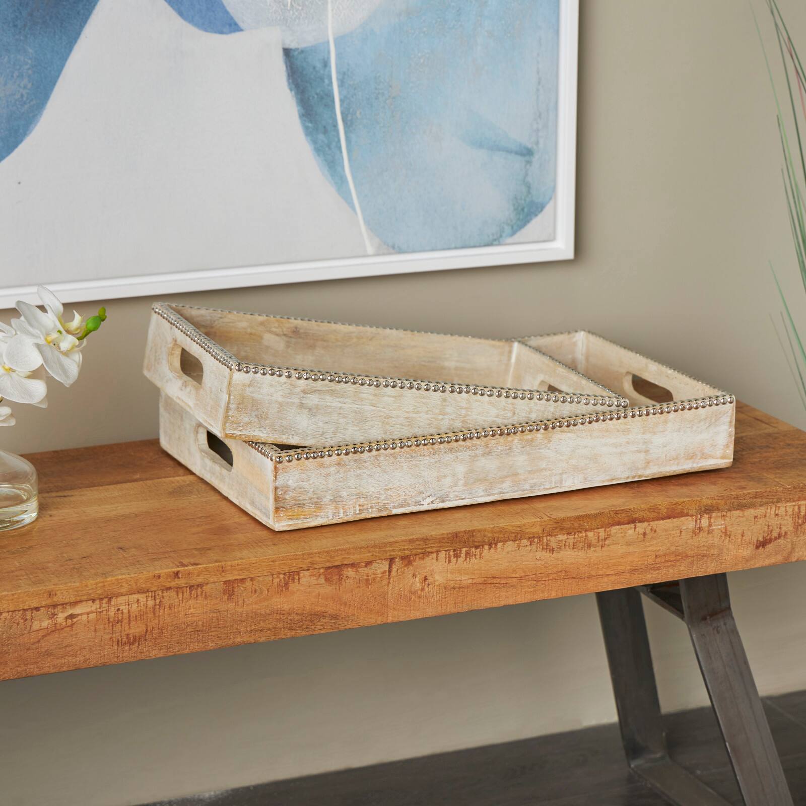 Light Brown Mango Wood Trays with Silver Beaded Rim, 2ct.