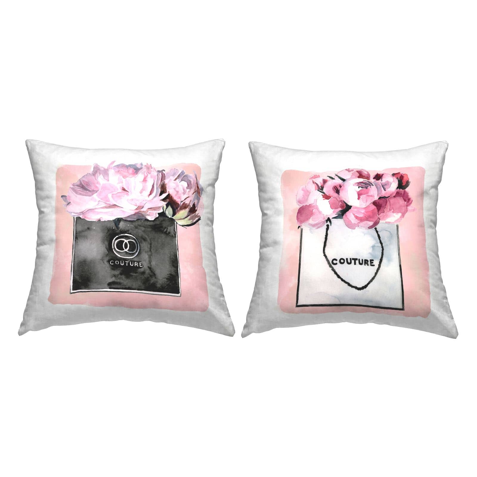 Stupell Industries Pink Glam Designer Brand Flower Bouquet 2 Pillow Set, 18" x 18"
