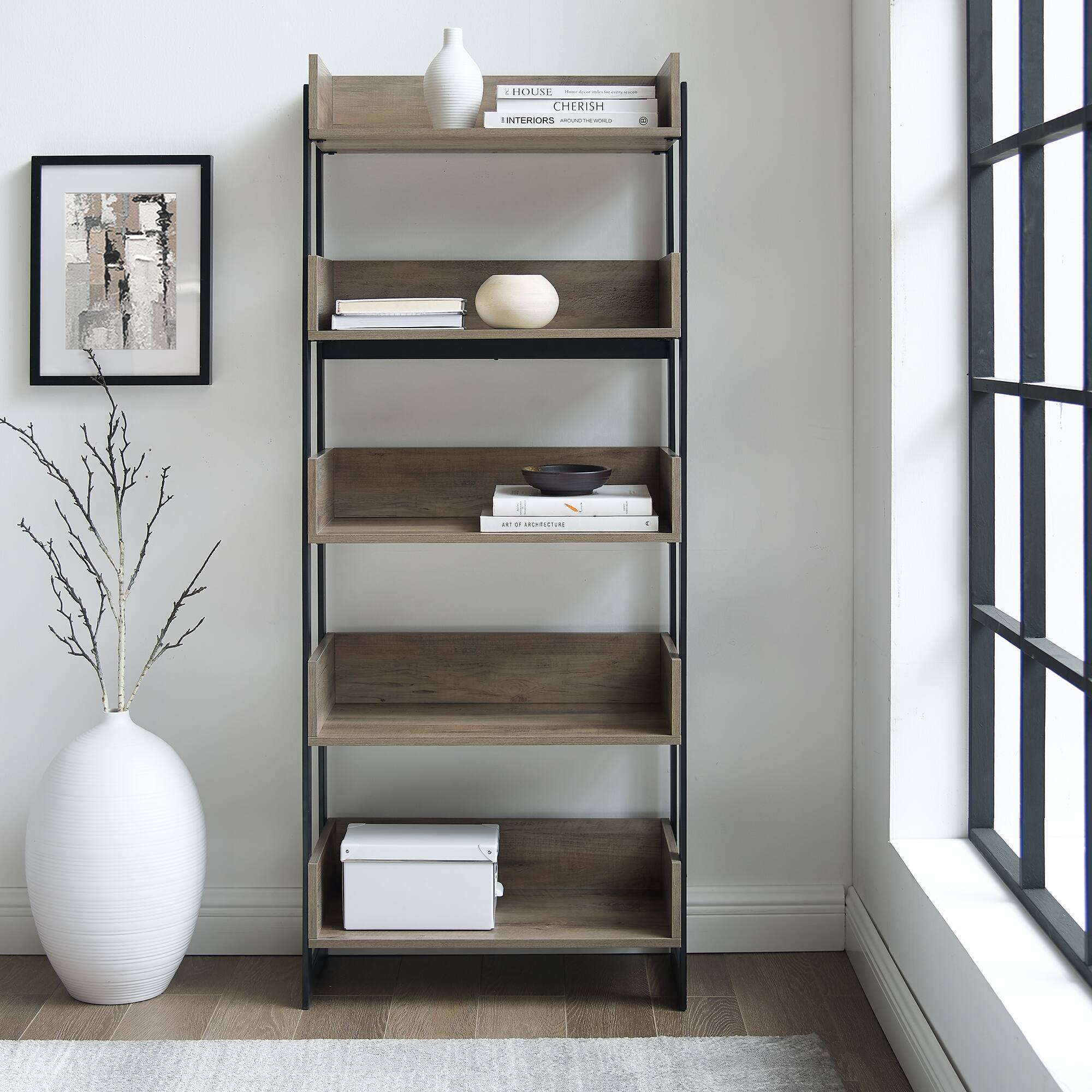 Walker Edison 64" Graywash 5-Shelf Bookshelf