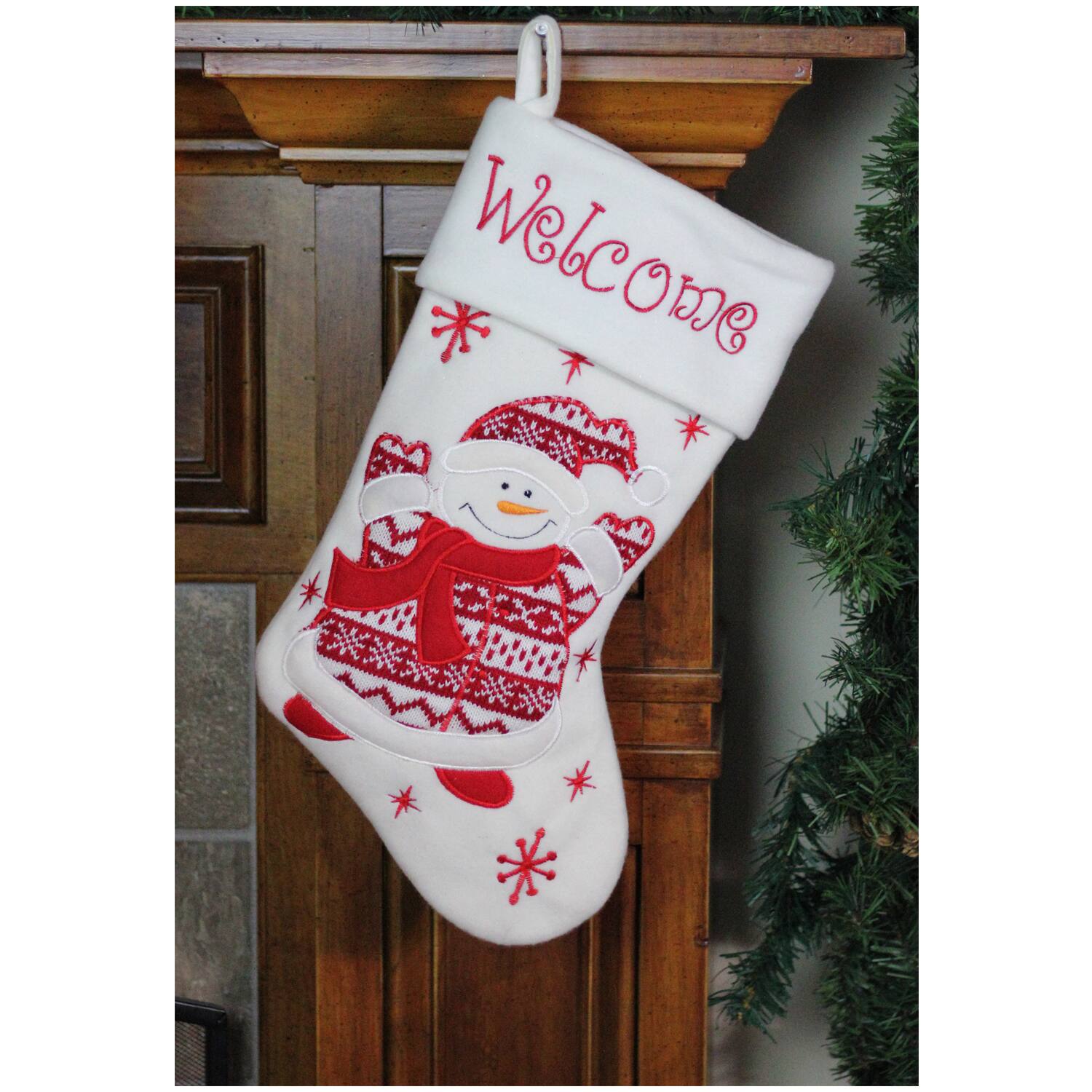 16" Red & White Welcome Snowman Embroidered Christmas Stocking