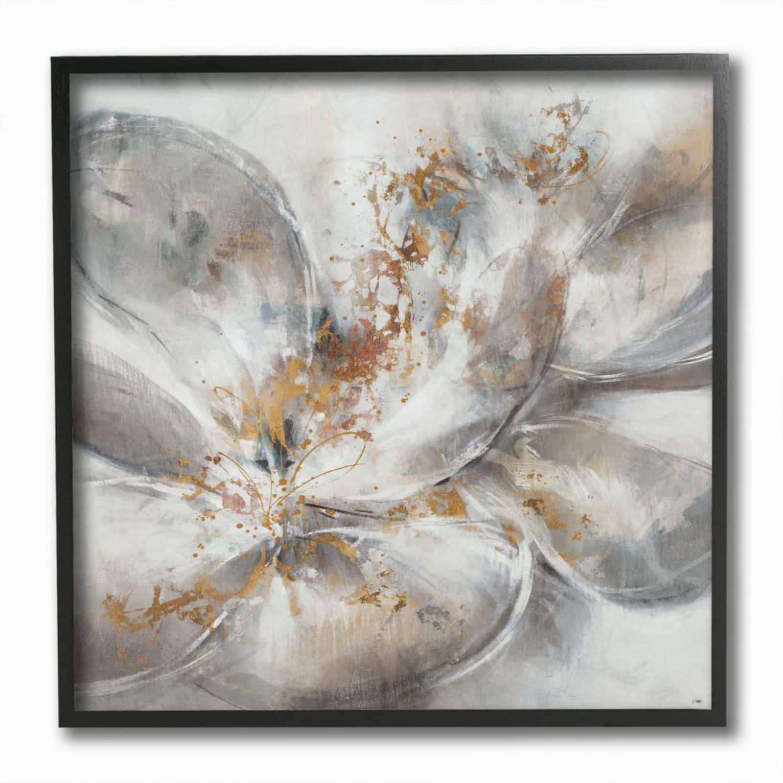 Stupell Industries Abstract Flower Bloom Gray Gold Framed Wall Art