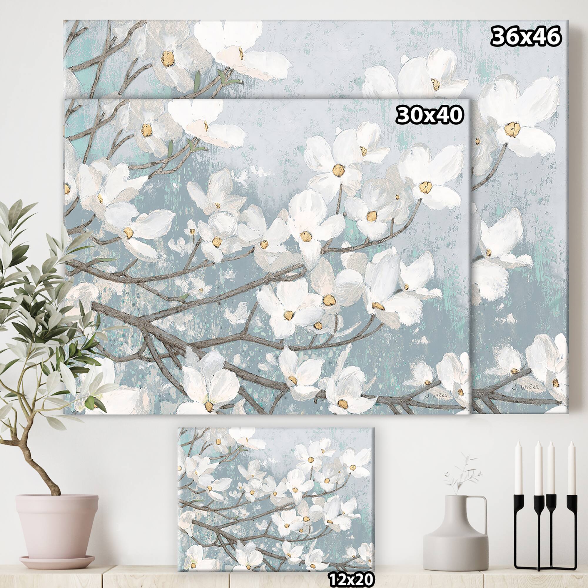 Designart - Blue on Grey Blossoms - Traditional Canvas Artwork
