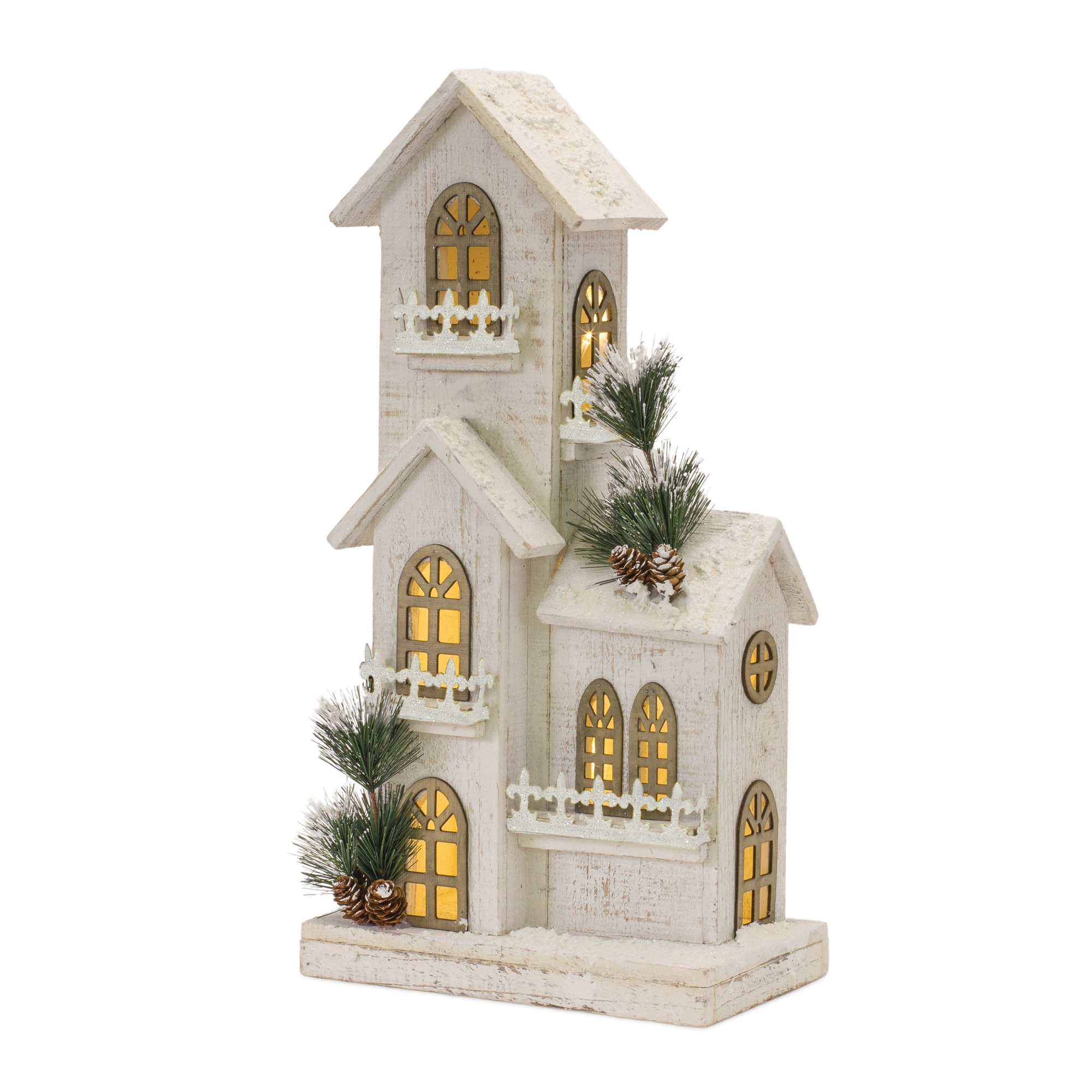 21&#x22; White-Washed Holiday Home LED Tabletop Town D&#xE9;cor