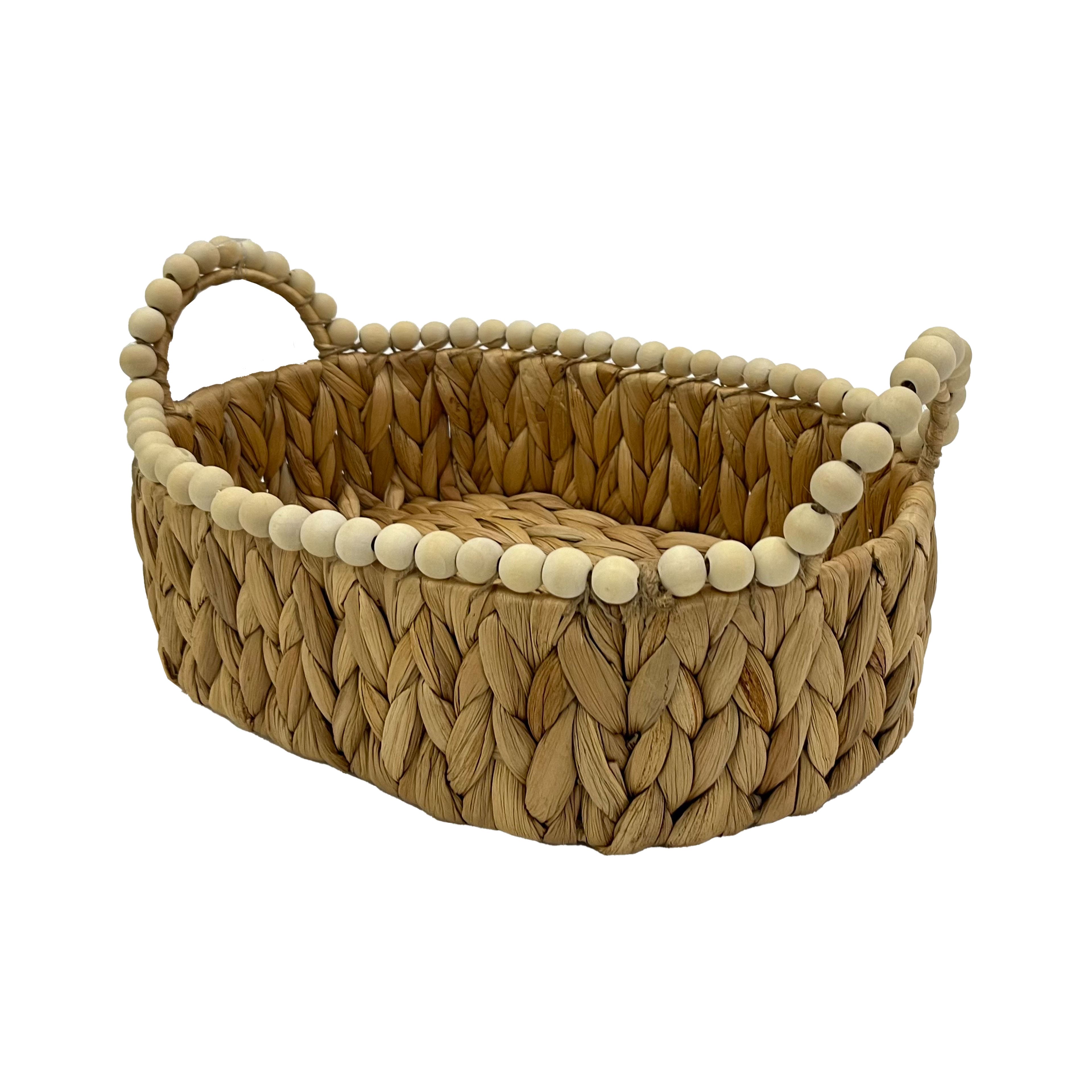 Small Oval Water Hyacinth Woven Basket with Wood Beads by Ashland&#xAE;