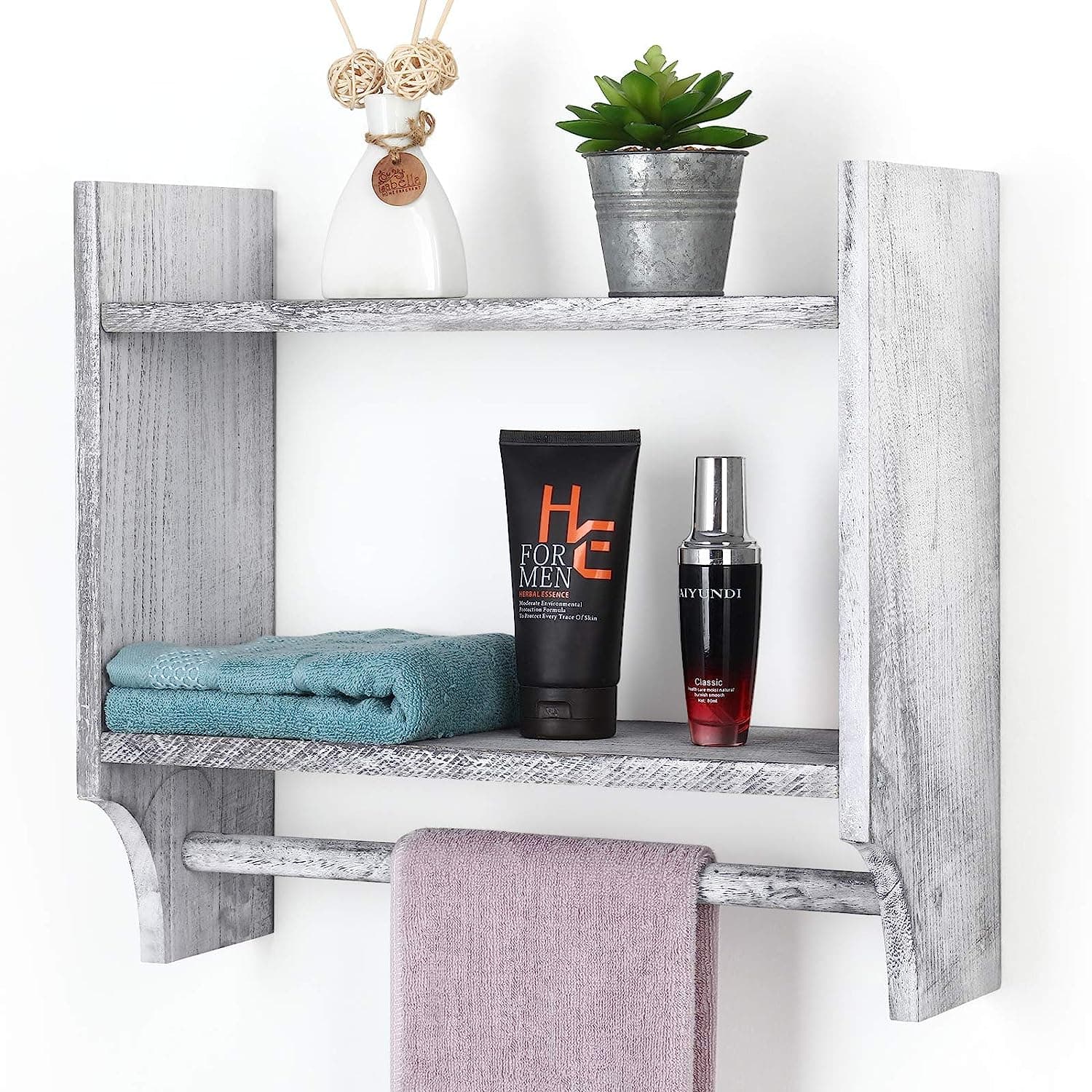 2-Tier Wood Wall Mounted Bathroom Shelf with Towel Rack