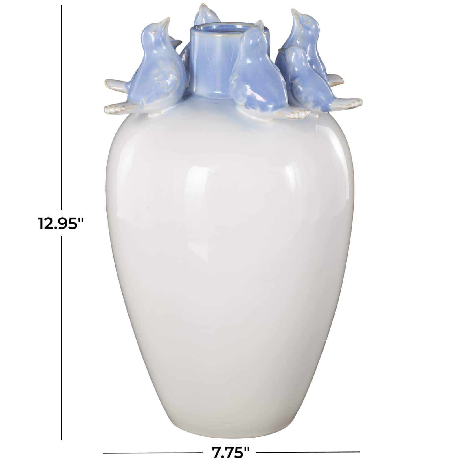 13&#x22; White Ceramic Bird Decorative Vase with Blue Accents