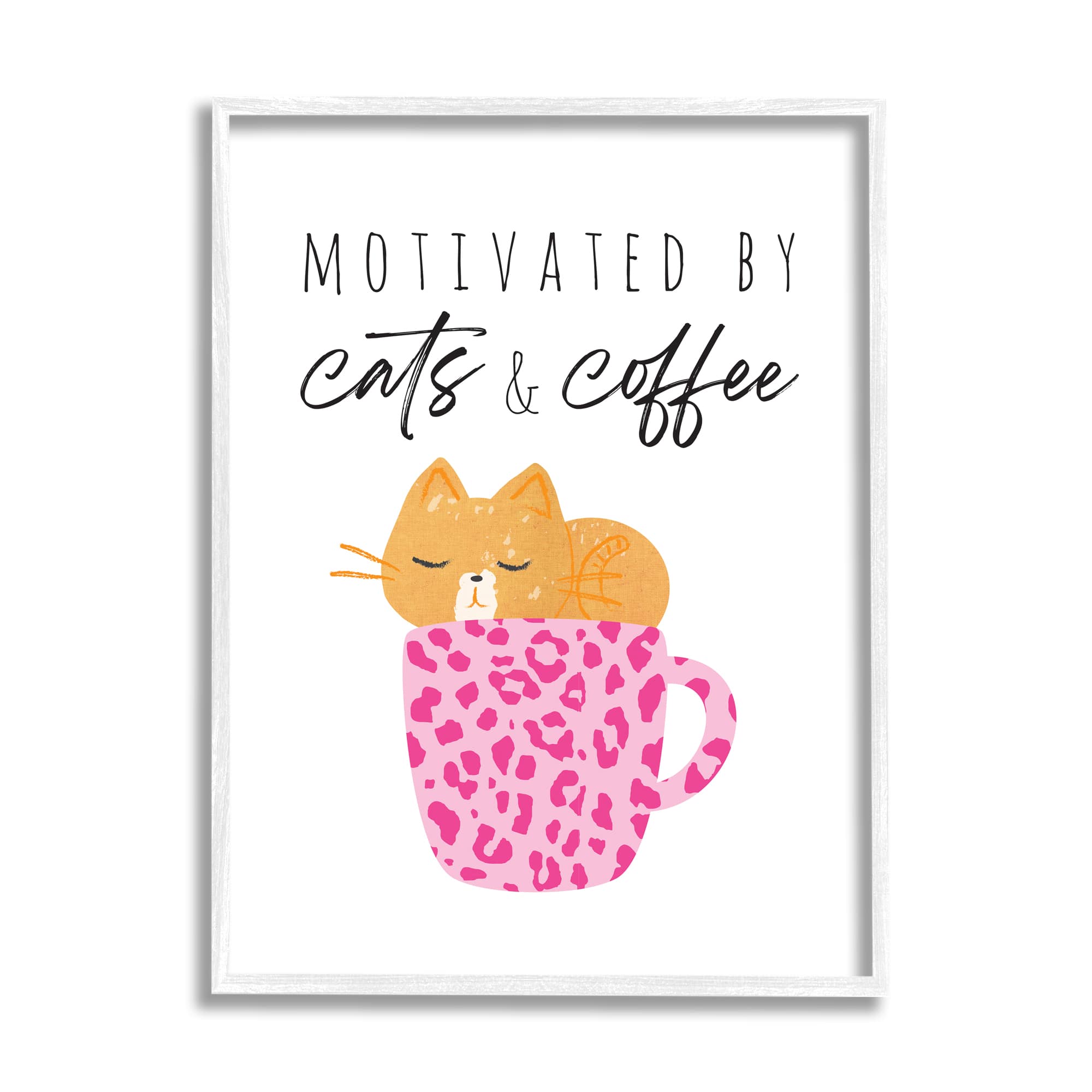 Stupell Industries Cats and Coffee Motivation Pink Cheetah Print Mug Framed Wall Art