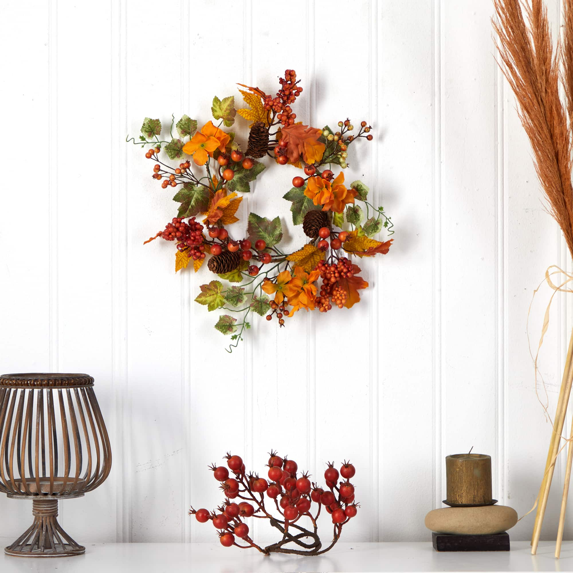 6.5&#x22; Autumn Hydrangea &#x26; Pinecones Wreath, 2ct.