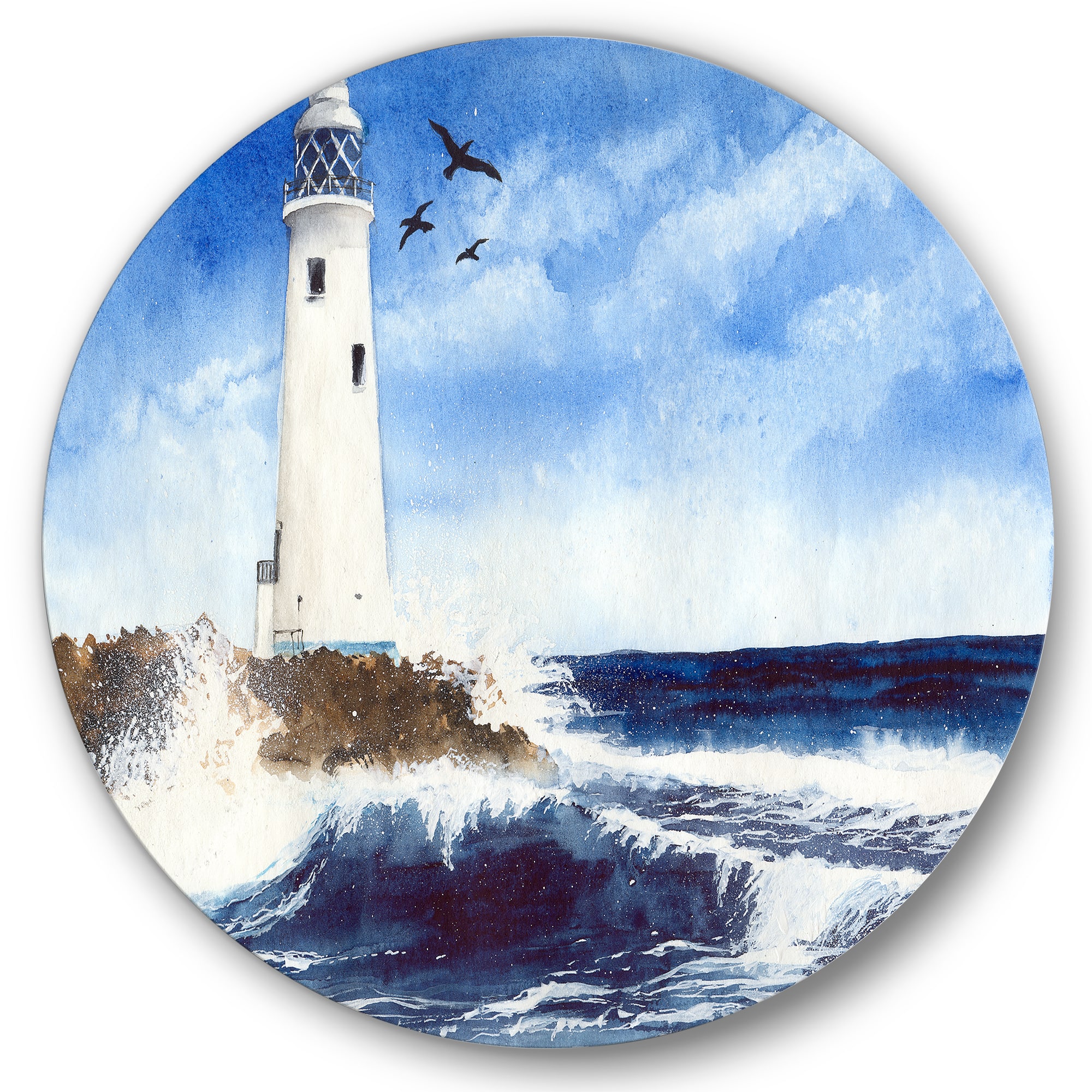 Designart - Lighthouse On The Rocky Island With Seagulls - Nautical & Coastal Metal Circle Wall Art