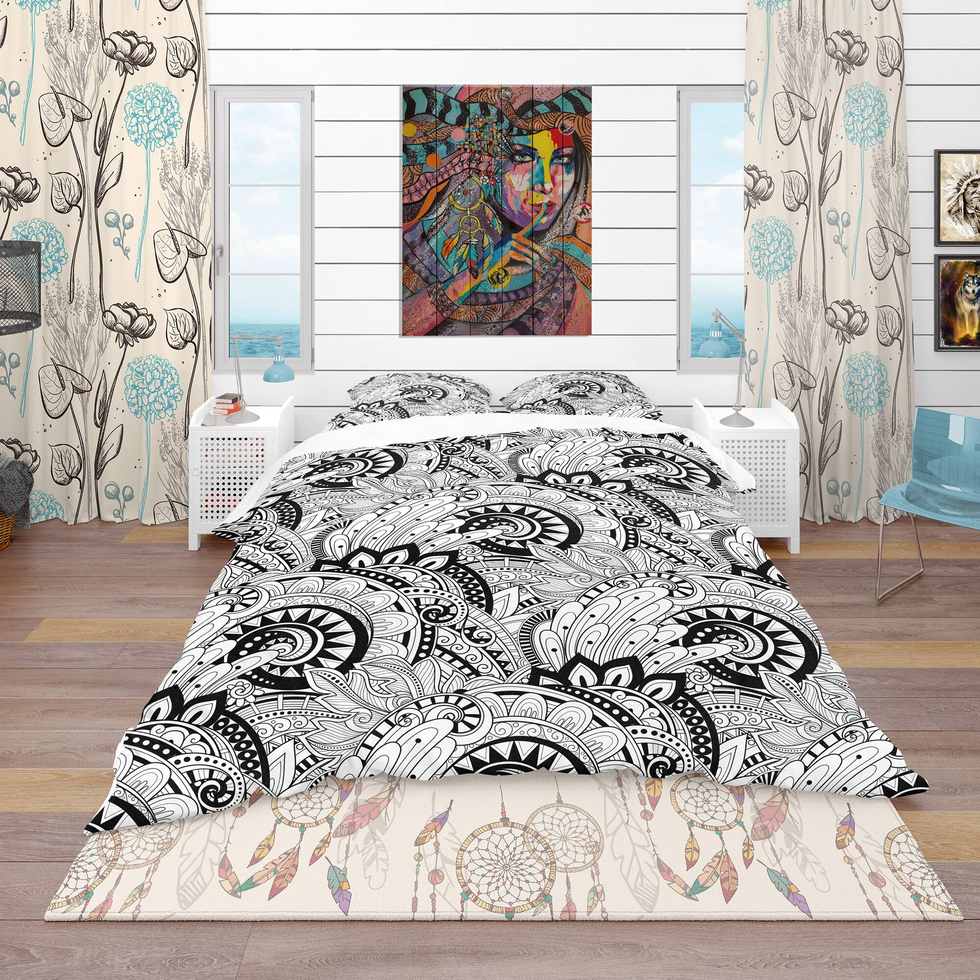 Designart &#x27;Monochrome Abstract Floral Pattern&#x27; Bohemian &#x26; Eclectic Bedding Set - Duvet Cover &#x26; Shams