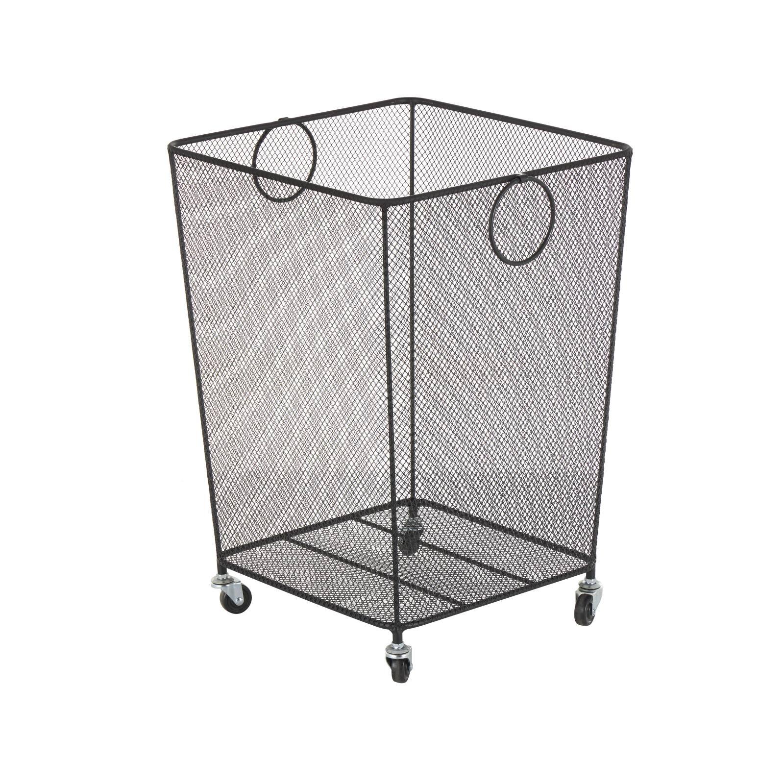 24&#x22; Black Metal Square Mesh Wire Rolling Laundry Storage Cart with Ring Handles
