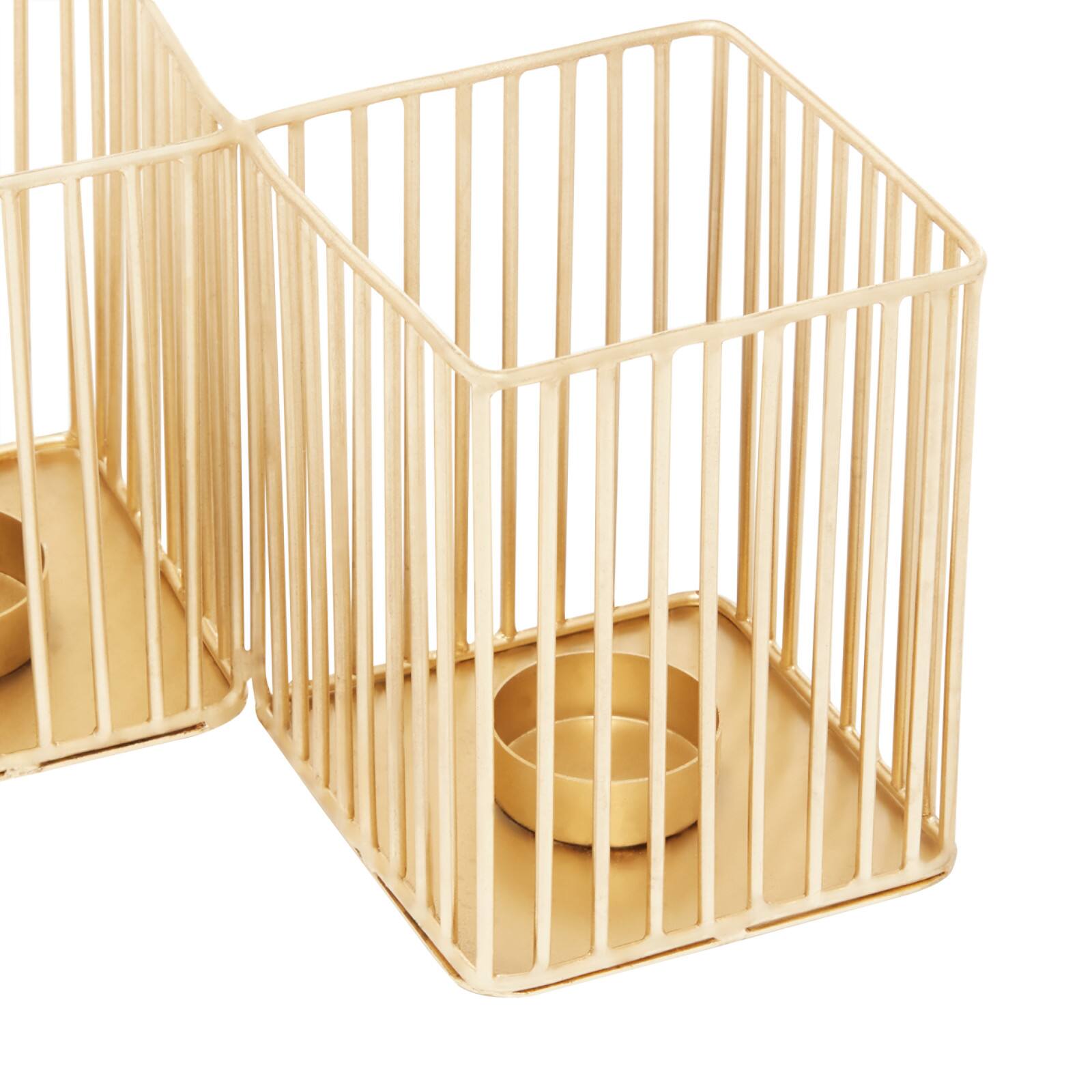 Set of 3 Gold Metal Modern Candle Holder, 4.25&#x22;, 11&#x22;, 16.25&#x22;
