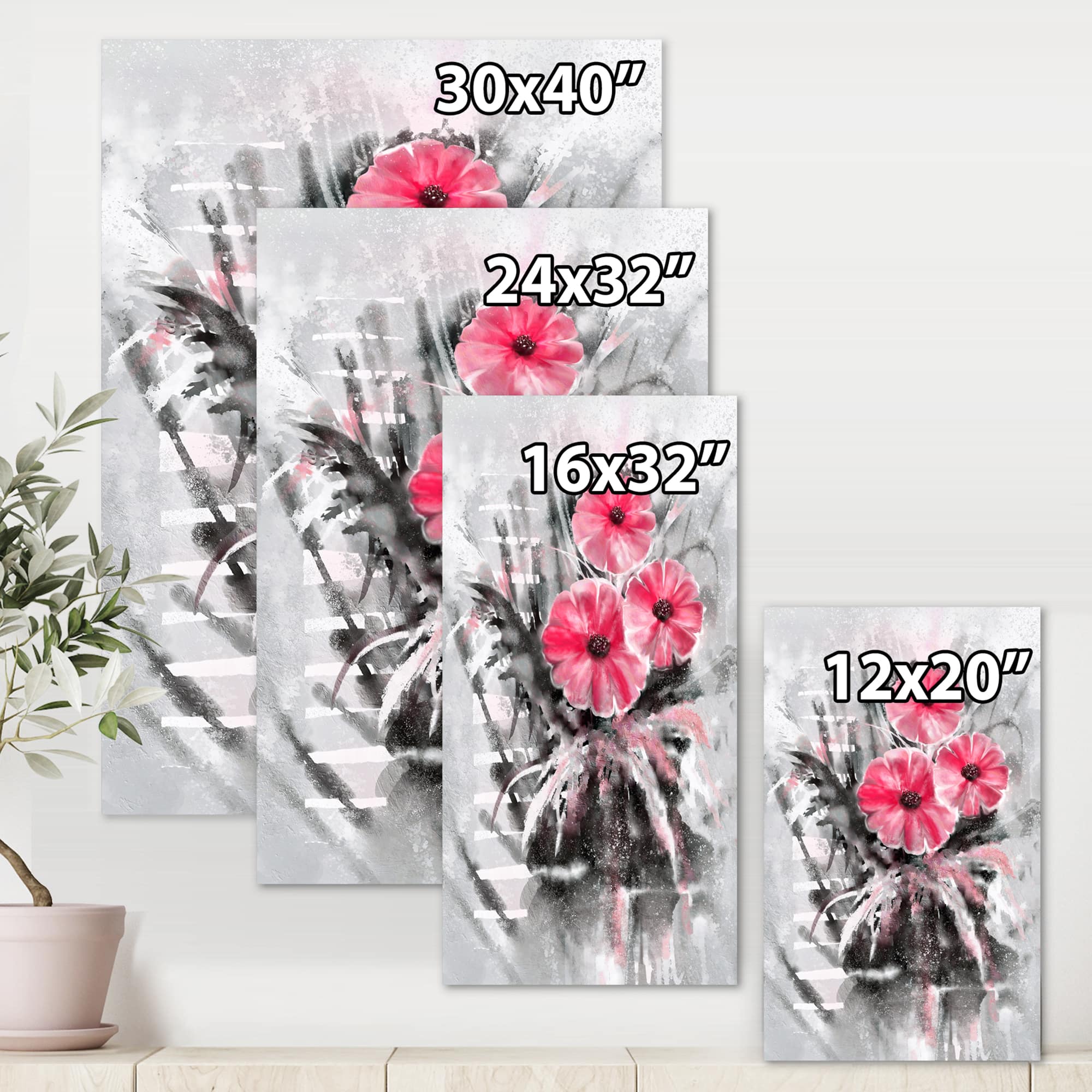 Designart - Abstract Red Flowers On Gray