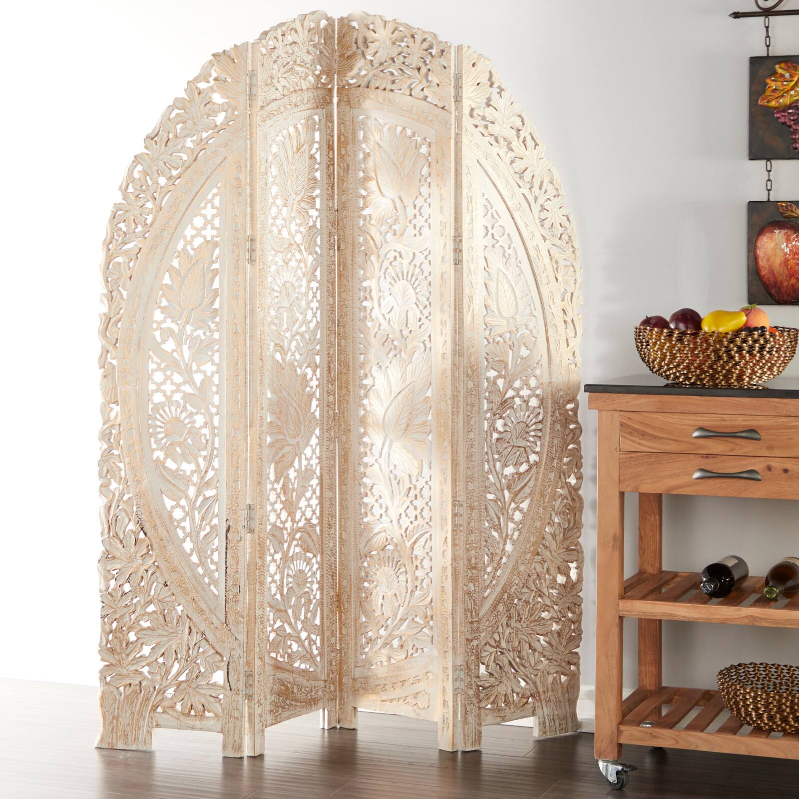 White Mango Wood Eclectic Room Divider Screen, 72 &#x22; x 60 &#x22; x 2 &#x22;