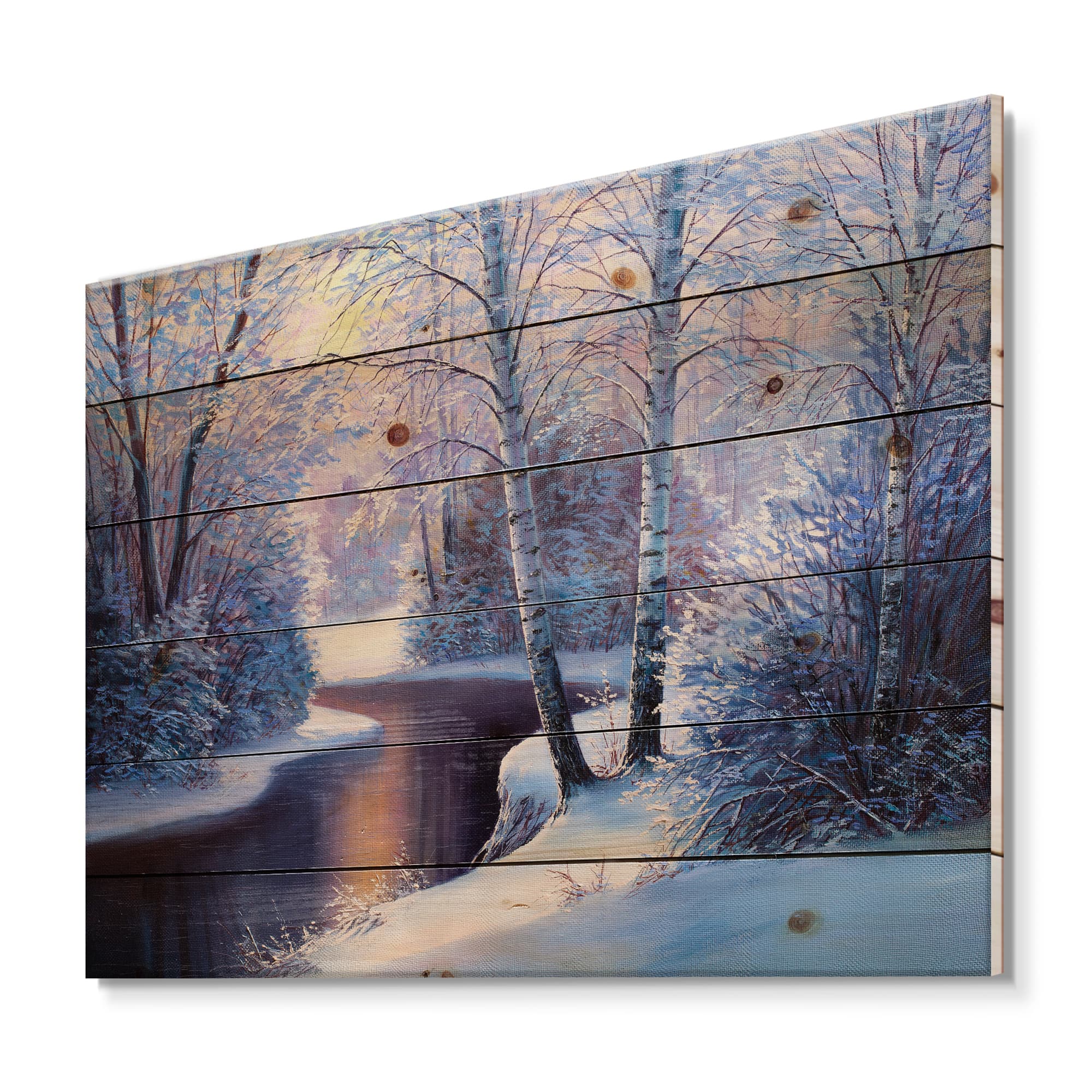 Designart Christmas Forest with River & Trees I Print on Natural Pine Wood