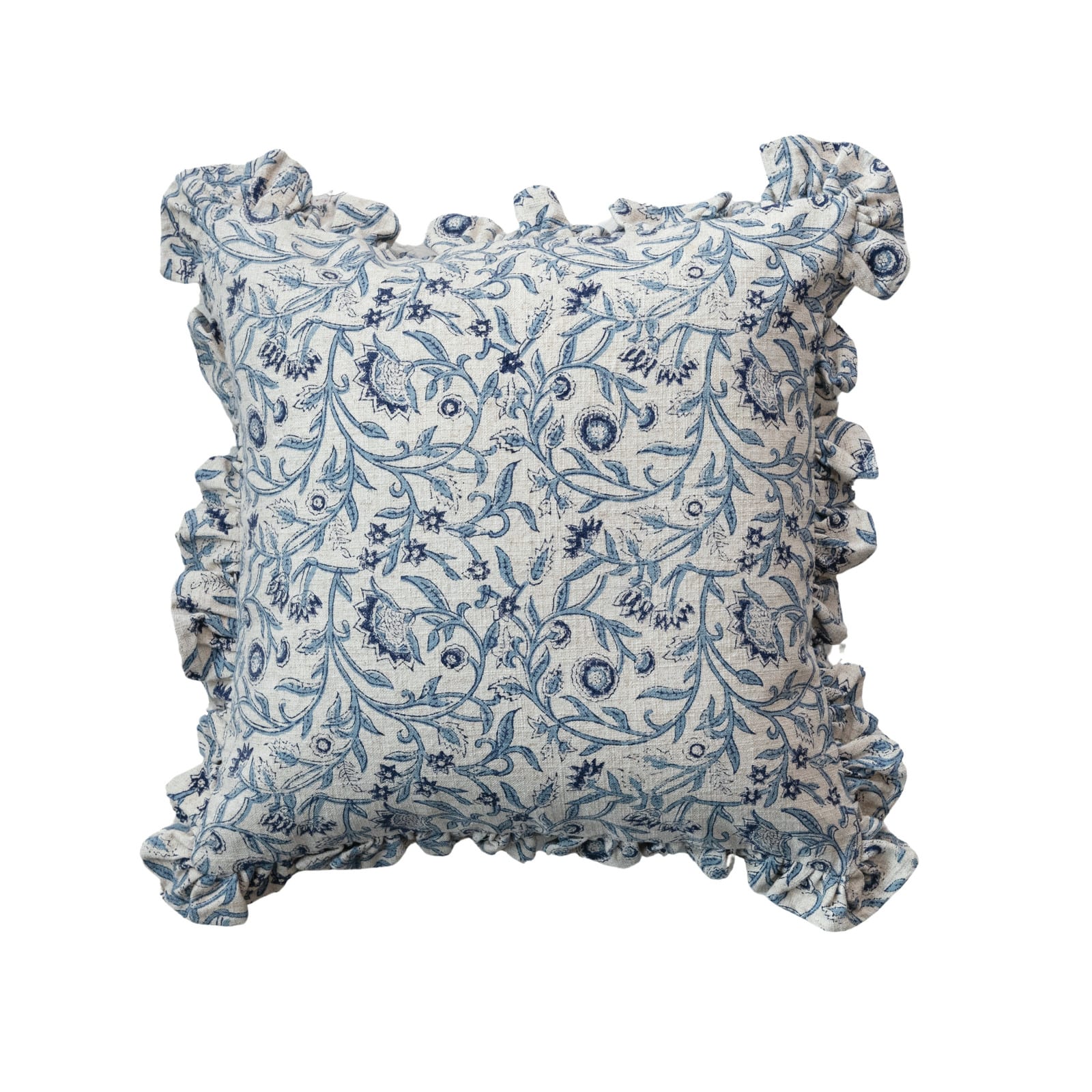Hello Honey® 18" Blue & White Floral Accent Pillow with Ruffled Edges