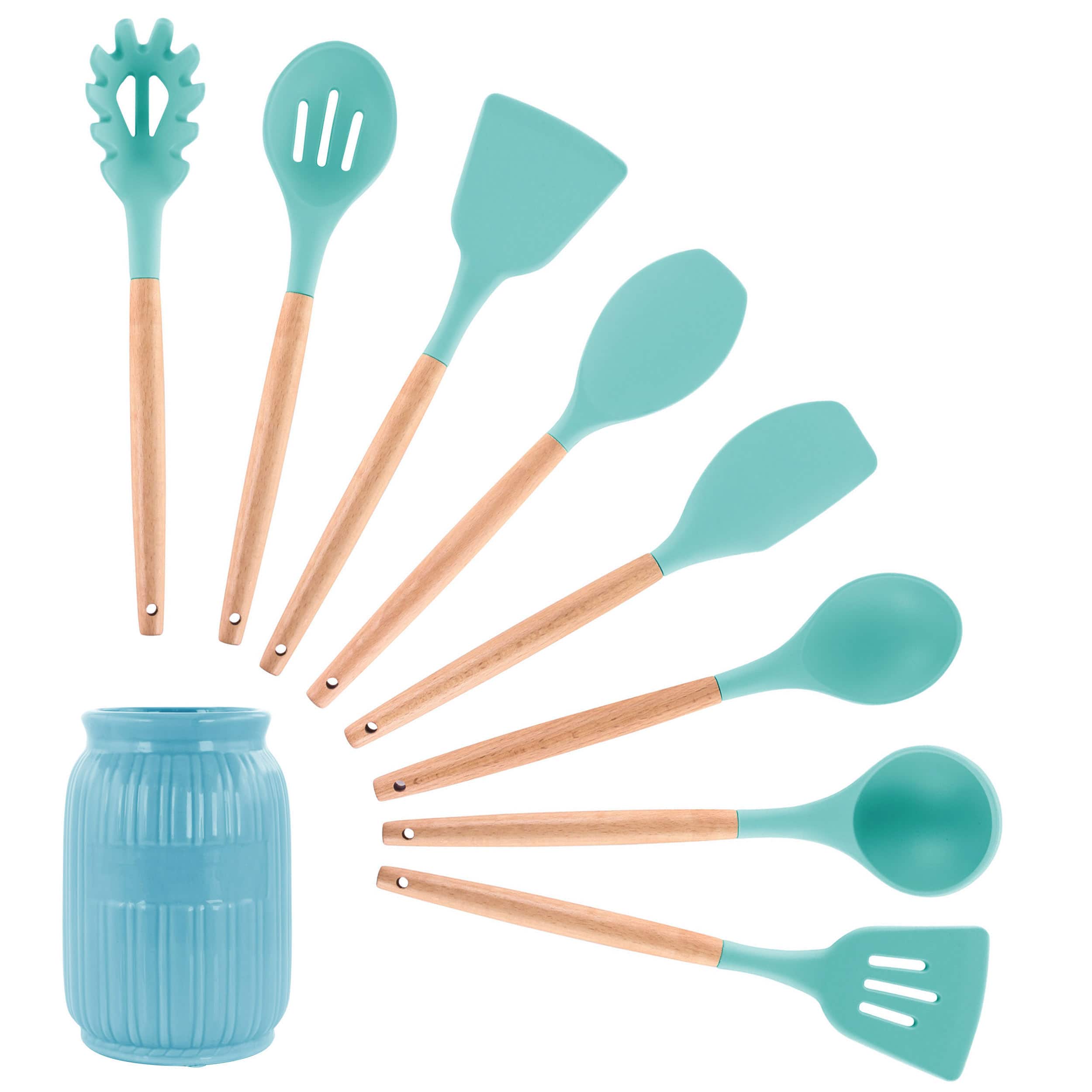 MegaChef Light Teal Silicone & Wood Cooking Utensils Set, 9ct.