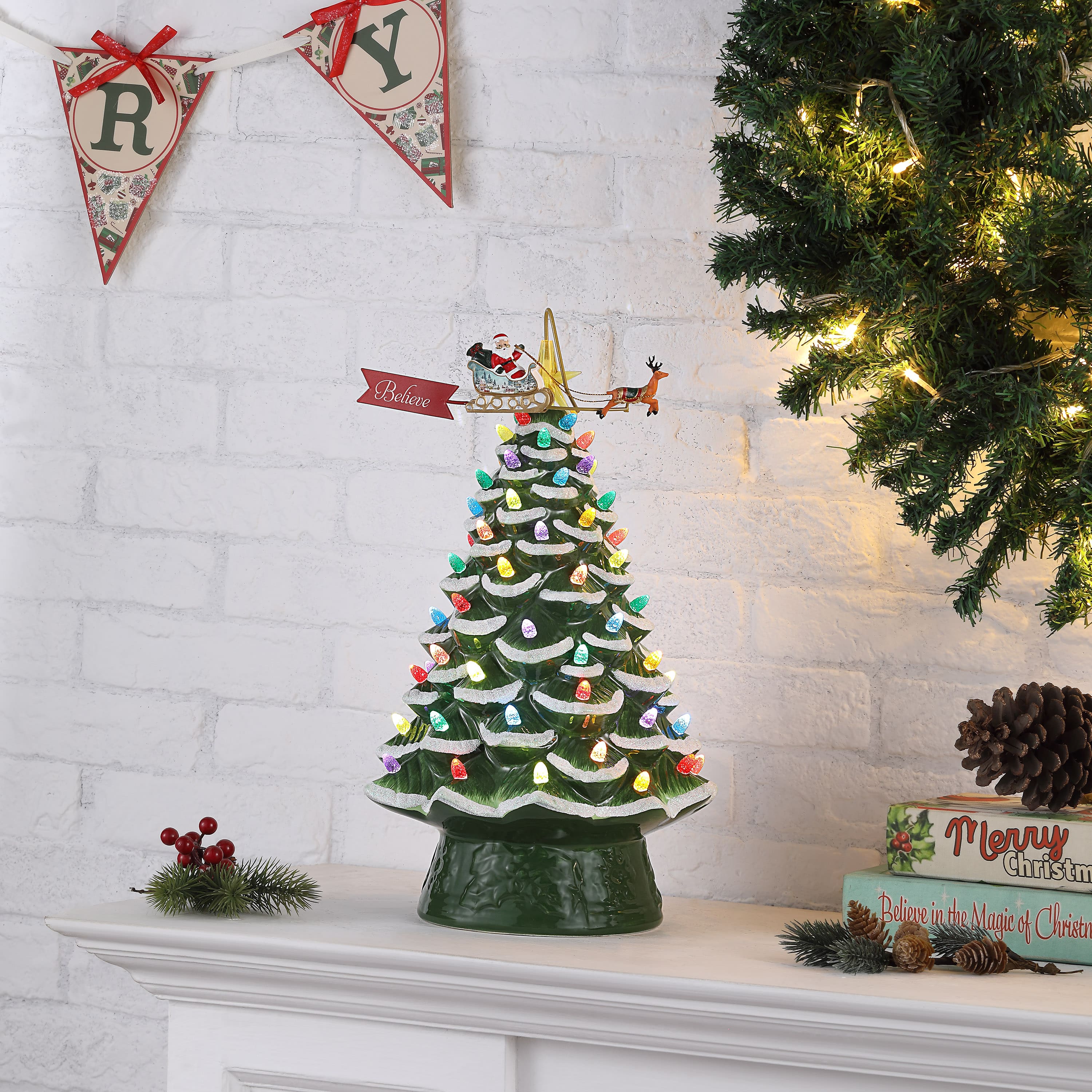 90th Anniversary Collection Green 16&#x22; Ceramic LED Tree with Animated Santa&#x27;s Sleigh