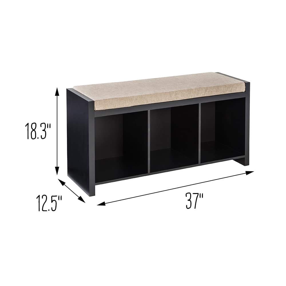 Honey Can Do Black 3-Cube Storage Bench with Cushion and Cubby Holes