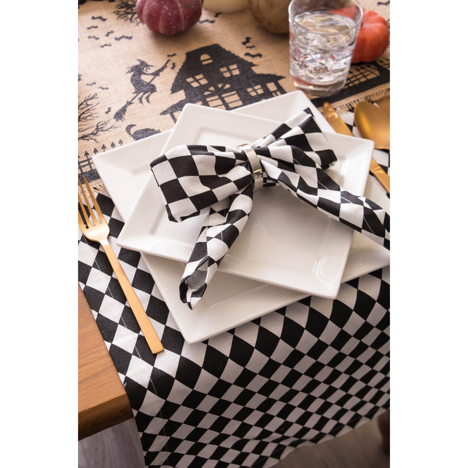 Black and Cream Harlequin Print Table Runner 14&#x22; x 72&#x22;