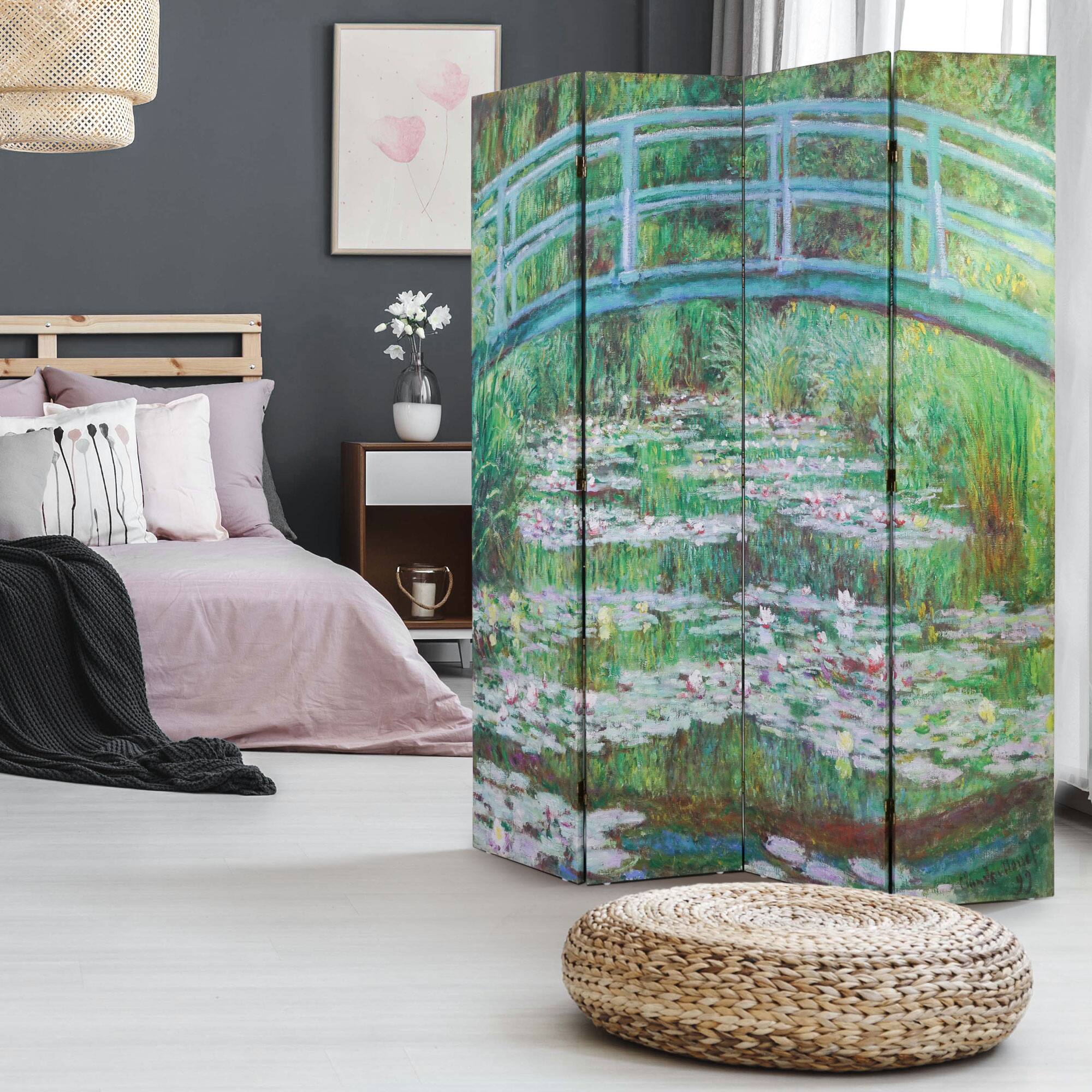 American Art Decor™ 6ft. Double-Sided 4-Panel Monet Water Lilies and Japanese Footbridge Canvas Privacy Screen