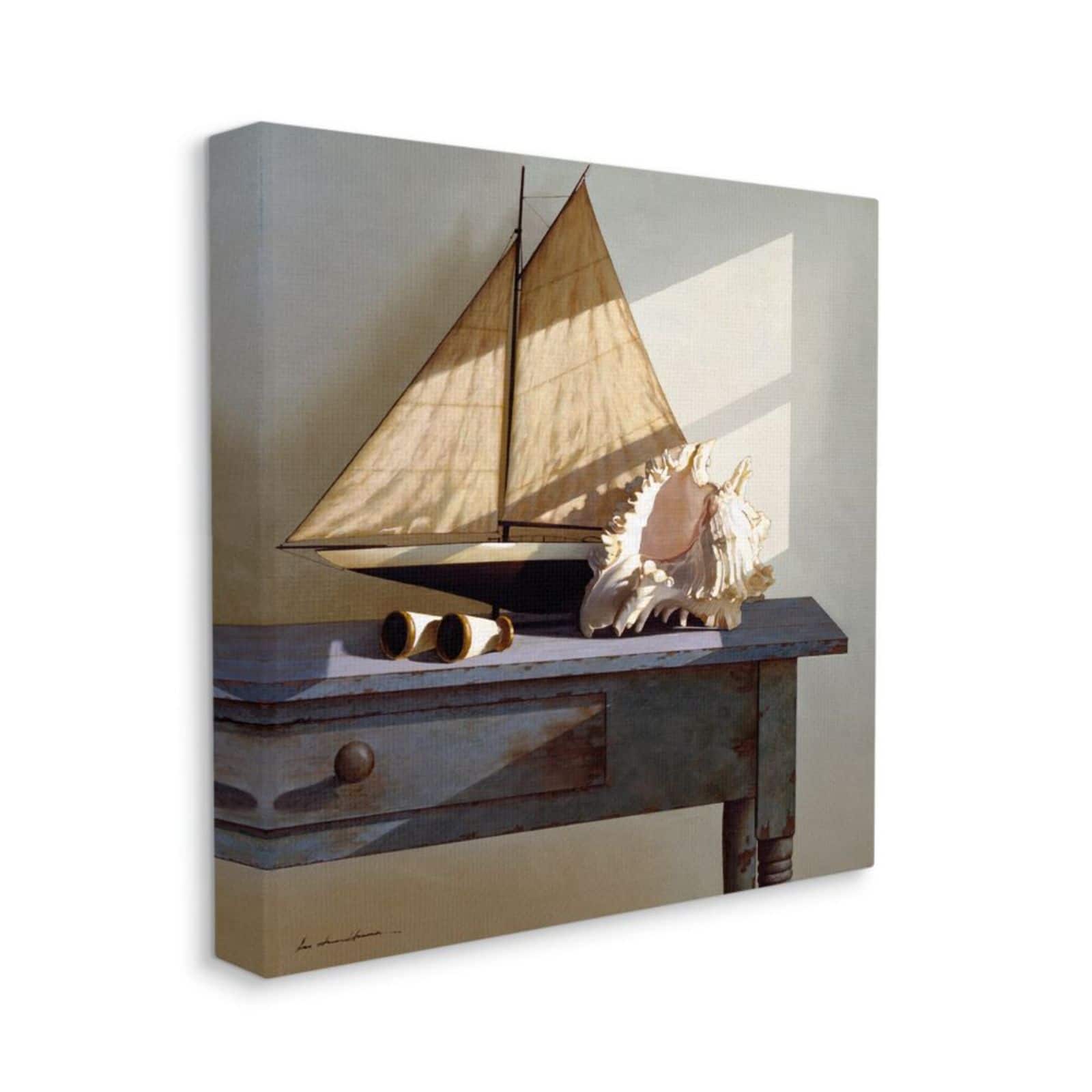 Stupell Industries Sailboat Model &#x26; Conch Shell Life Canvas Wall Art