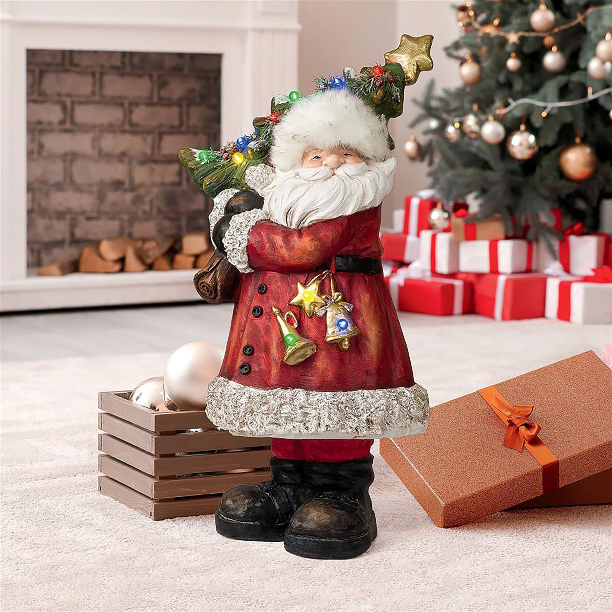 33" Santa with a Sparkling Christmas Tree Illuminated Holiday Statue