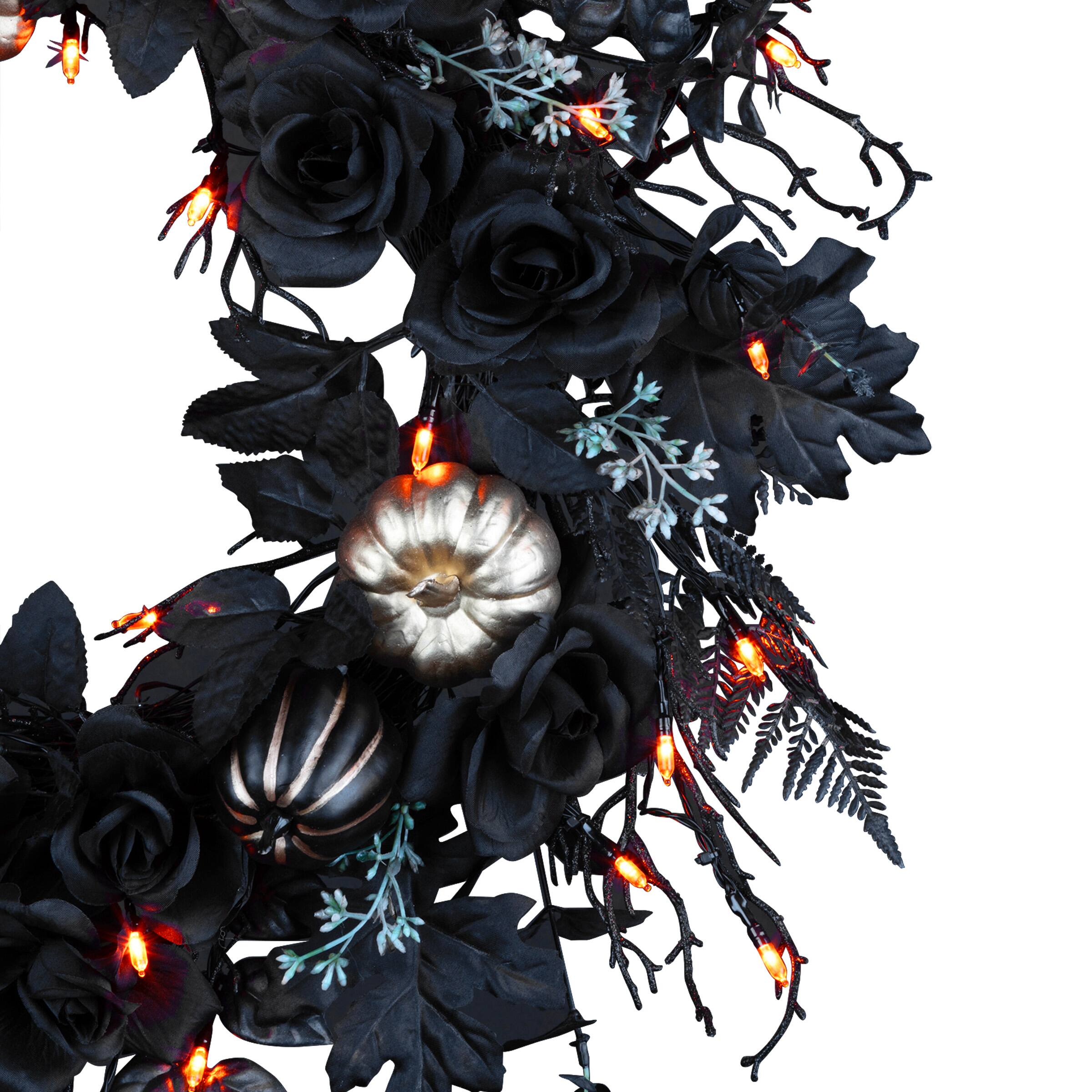 24" Chic Eek Black Flower & Pumpkin Halloween Pre-Lit LED Wreath