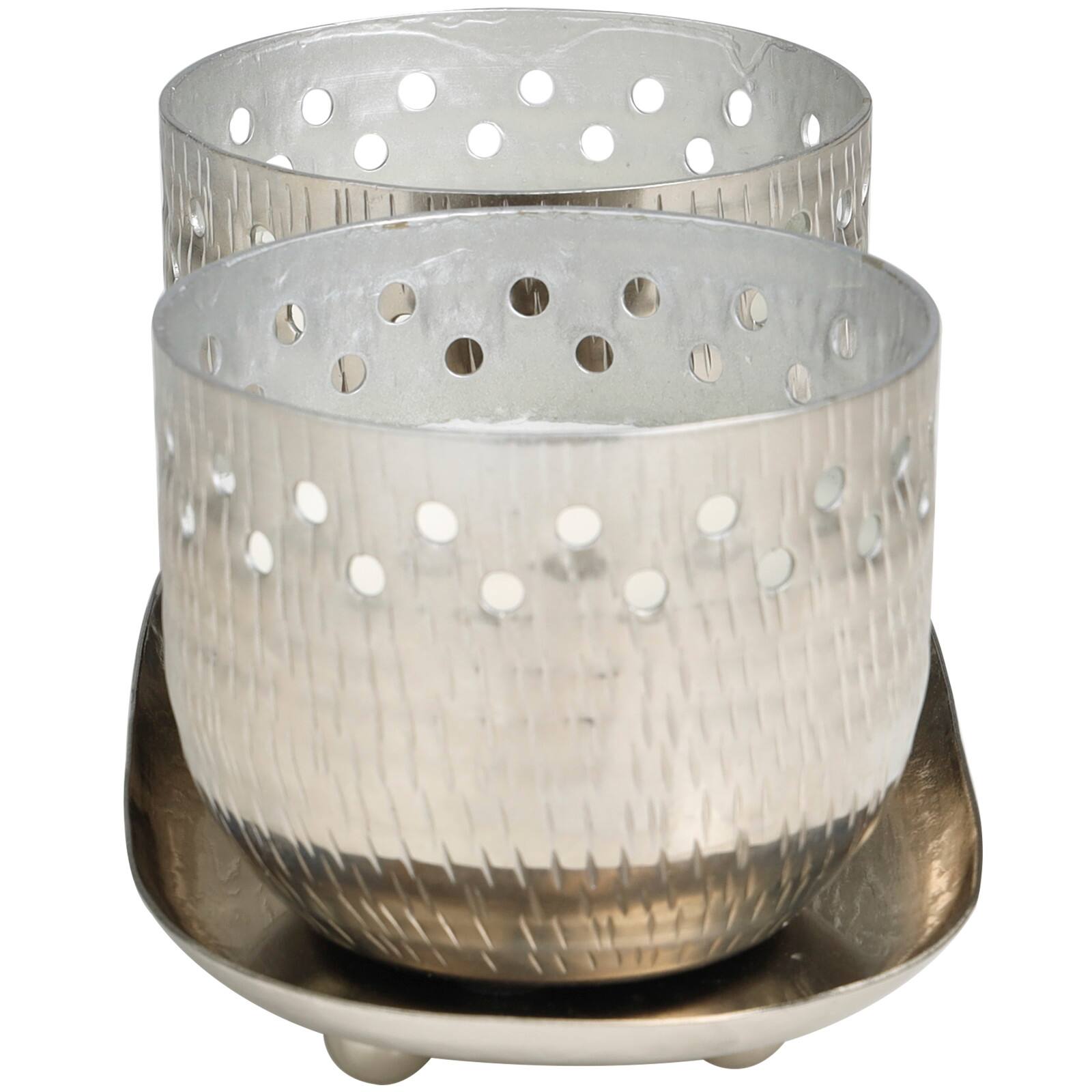 White Wax Vanilla Marshmallow Scented Candle Set with Cutout Spotted Silver Container and Oval Holding Tray