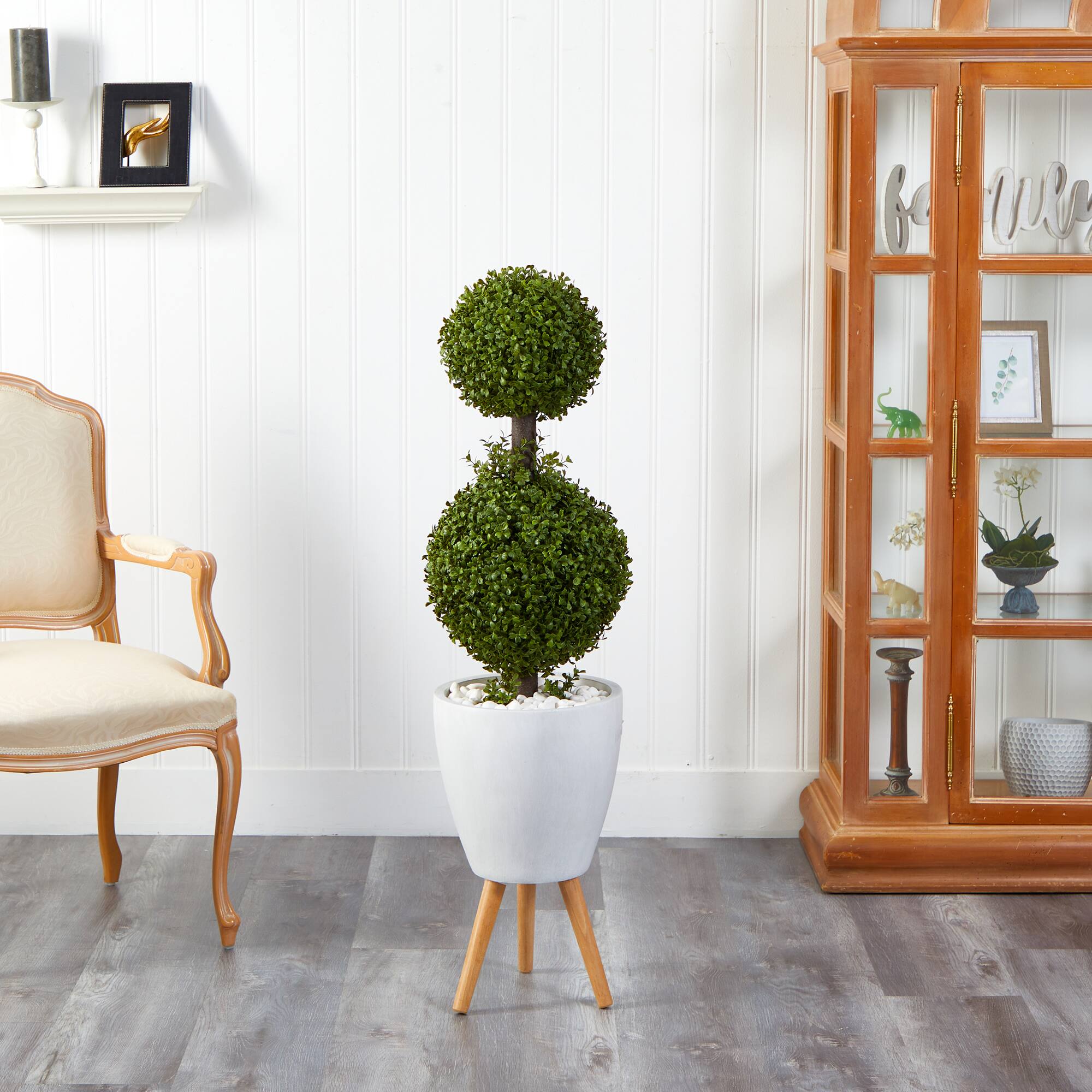 4ft. Double Boxwood Topiary Tree in White Planter with Stand