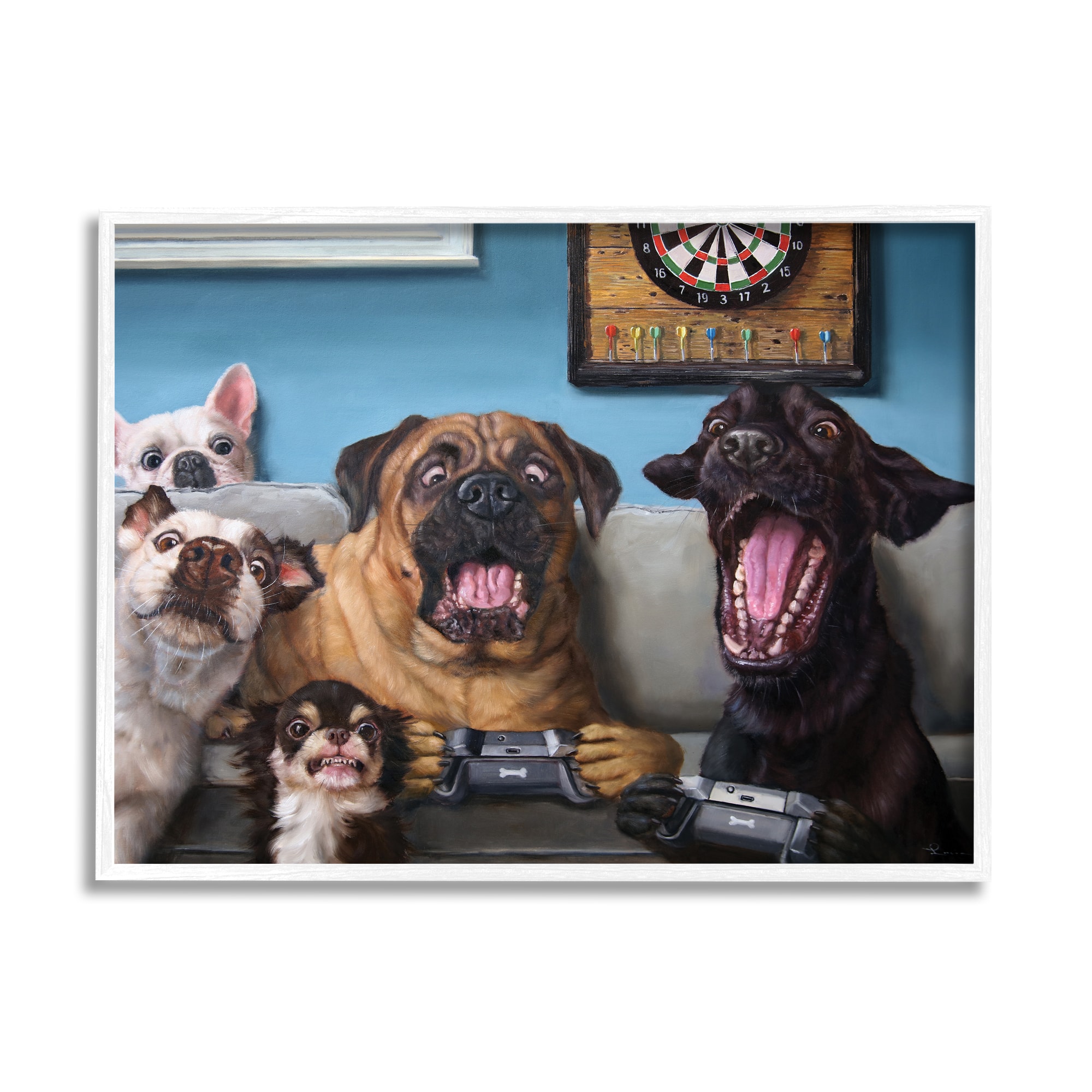 Stupell Industries Funny Dogs Playing Video Games Livingroom Pet Portrait in White Frame Wall Art