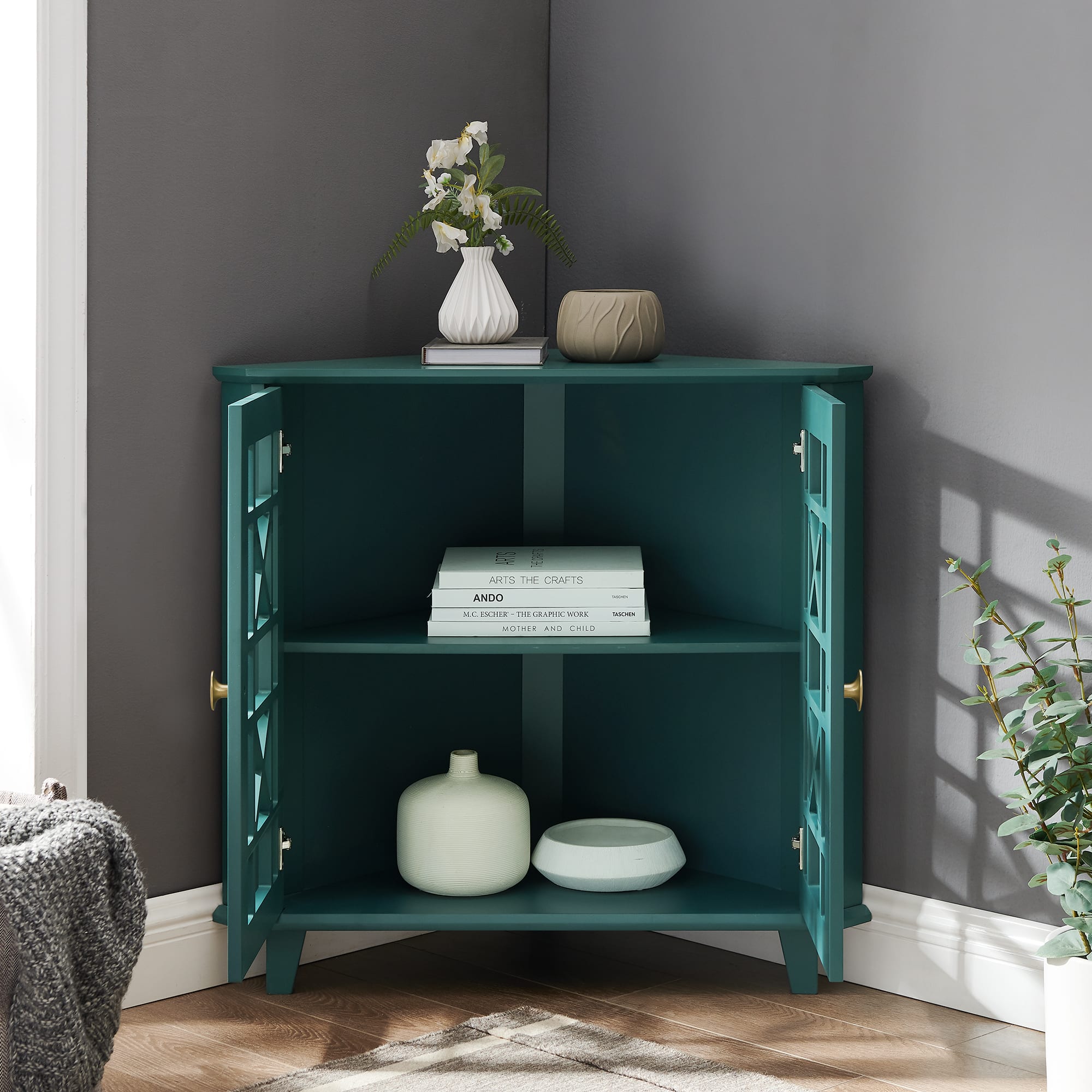 Walker Edison 30" Dark Teal Fretwork Corner Accent Cabinet