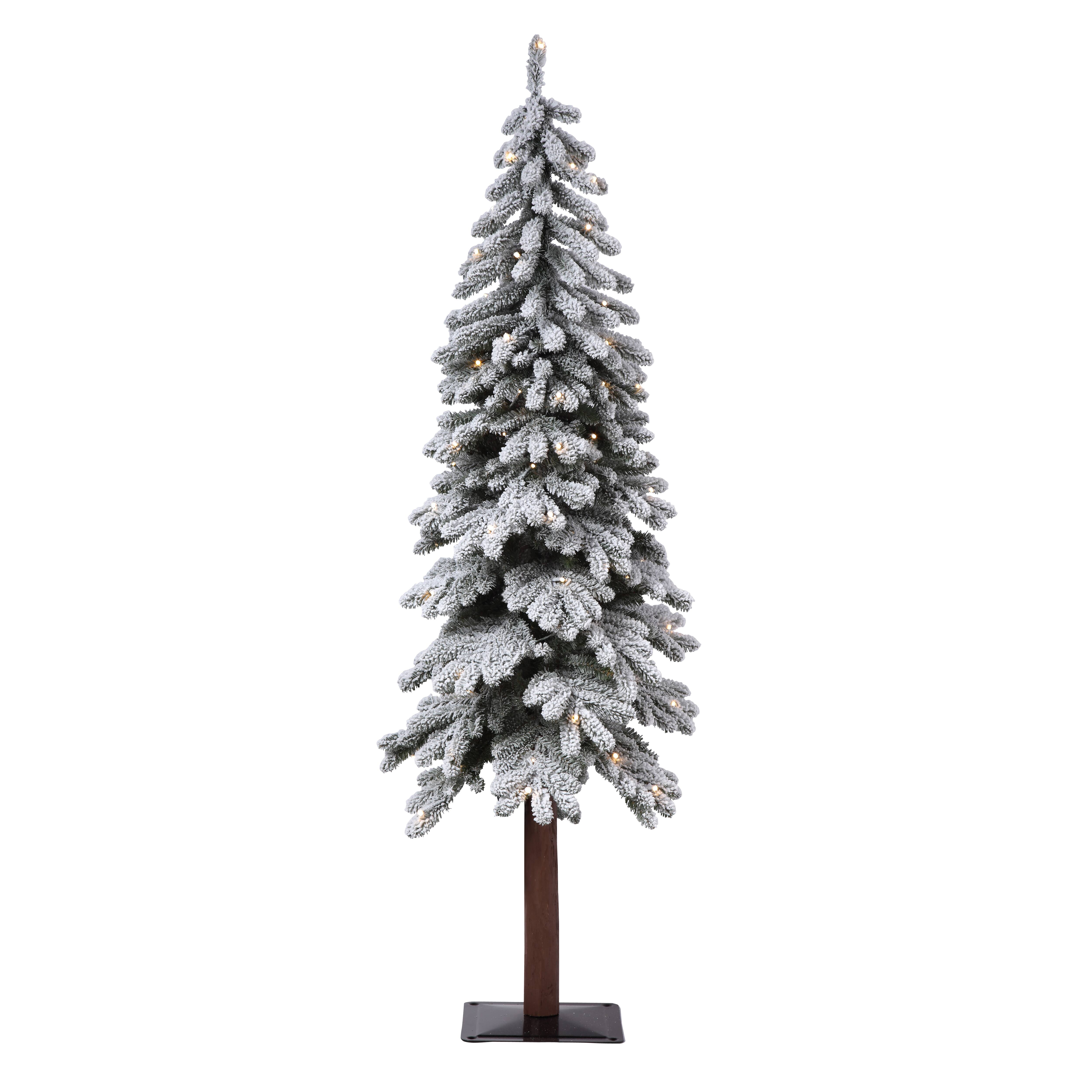 5ft. Pre-Lit Lightly Flocked Alpine Artificial Christmas Tree with Natural Wood Pole, Soft White LED Lights