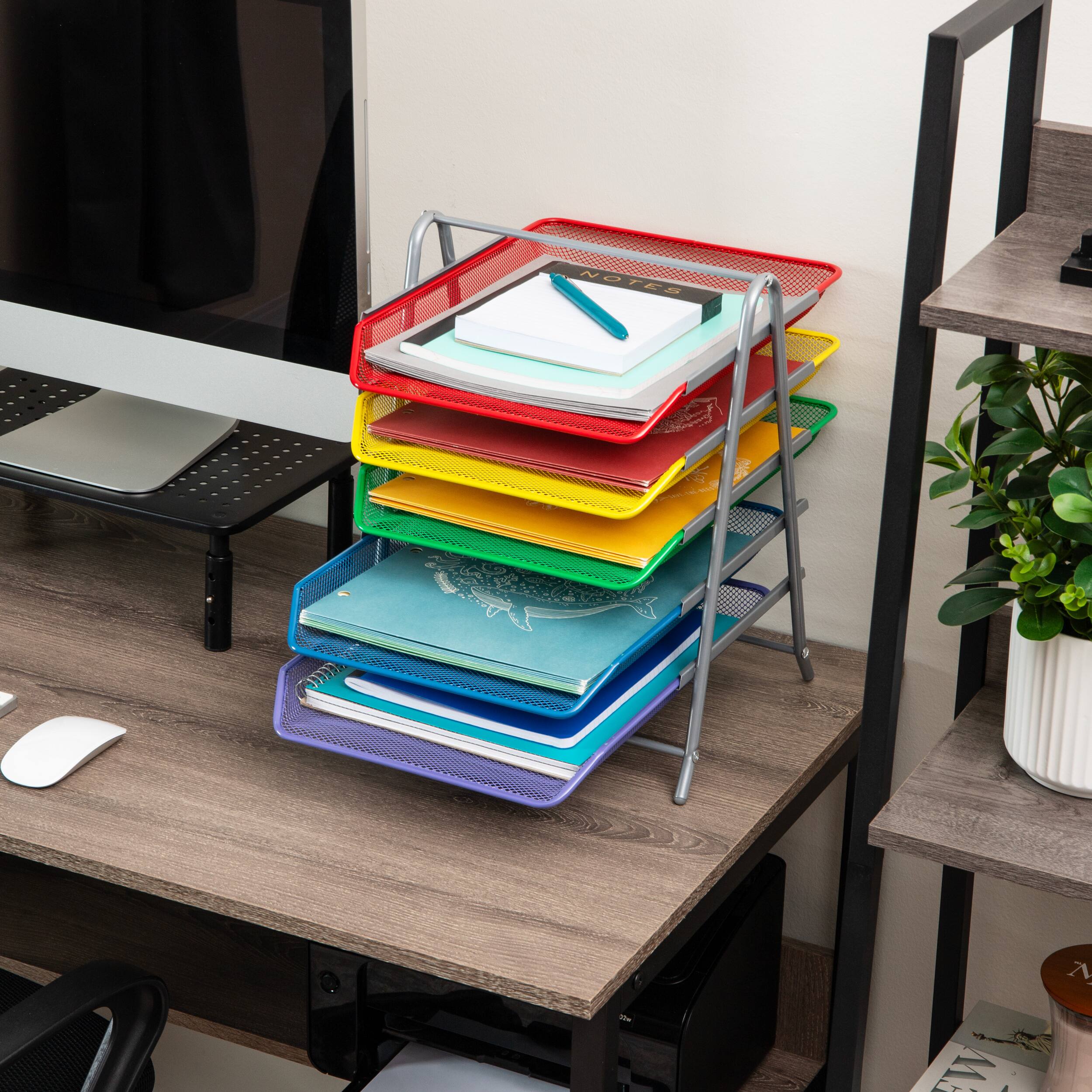 Mind Reader 5-Tier Paper Tray Organizer with Multicolor Trays, Classroom File Organizer for Teachers, Metal Mesh, Assorted Colors