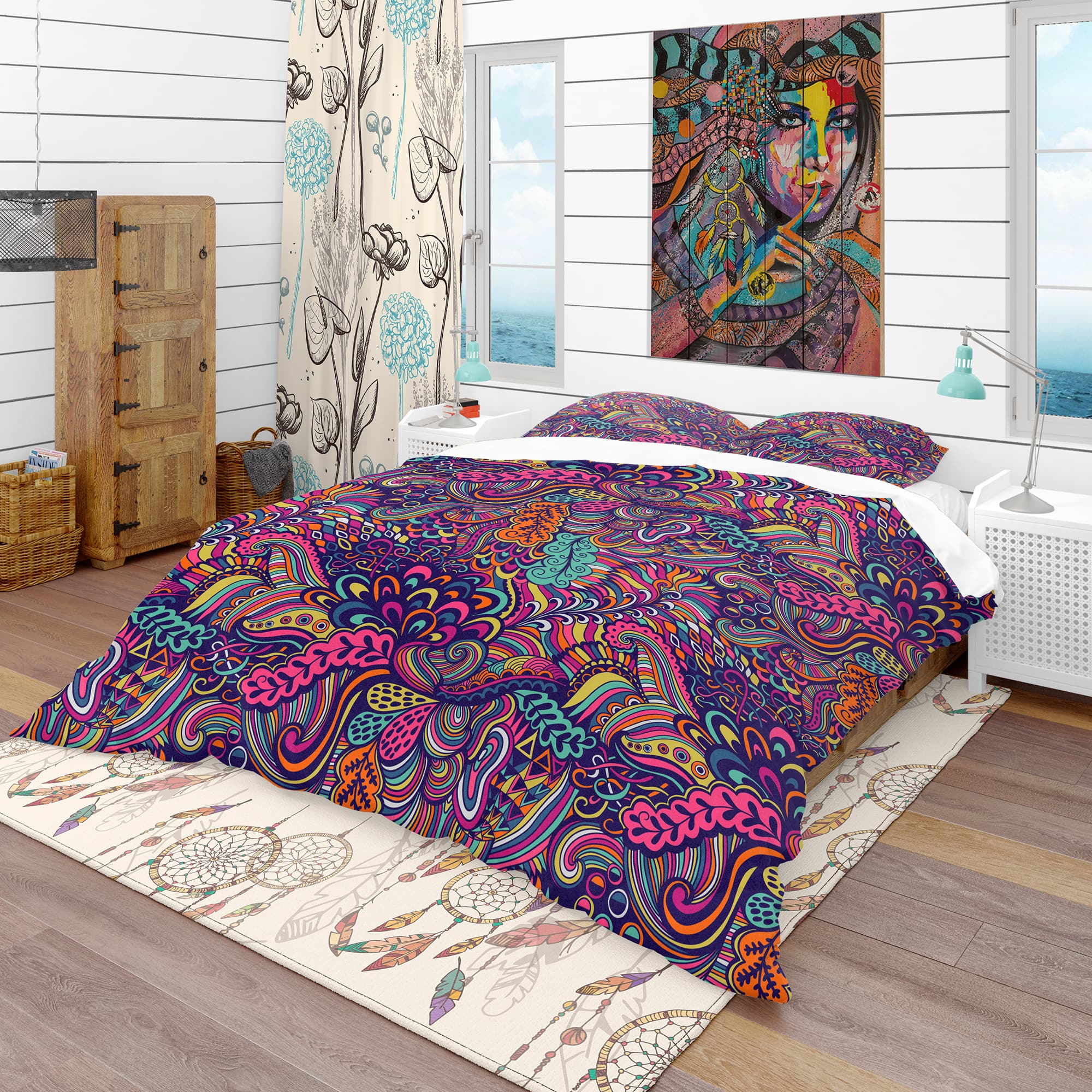 Designart 'Texture with Abstract Flowers' Bohemian & Eclectic Bedding Set - Duvet Cover & Shams