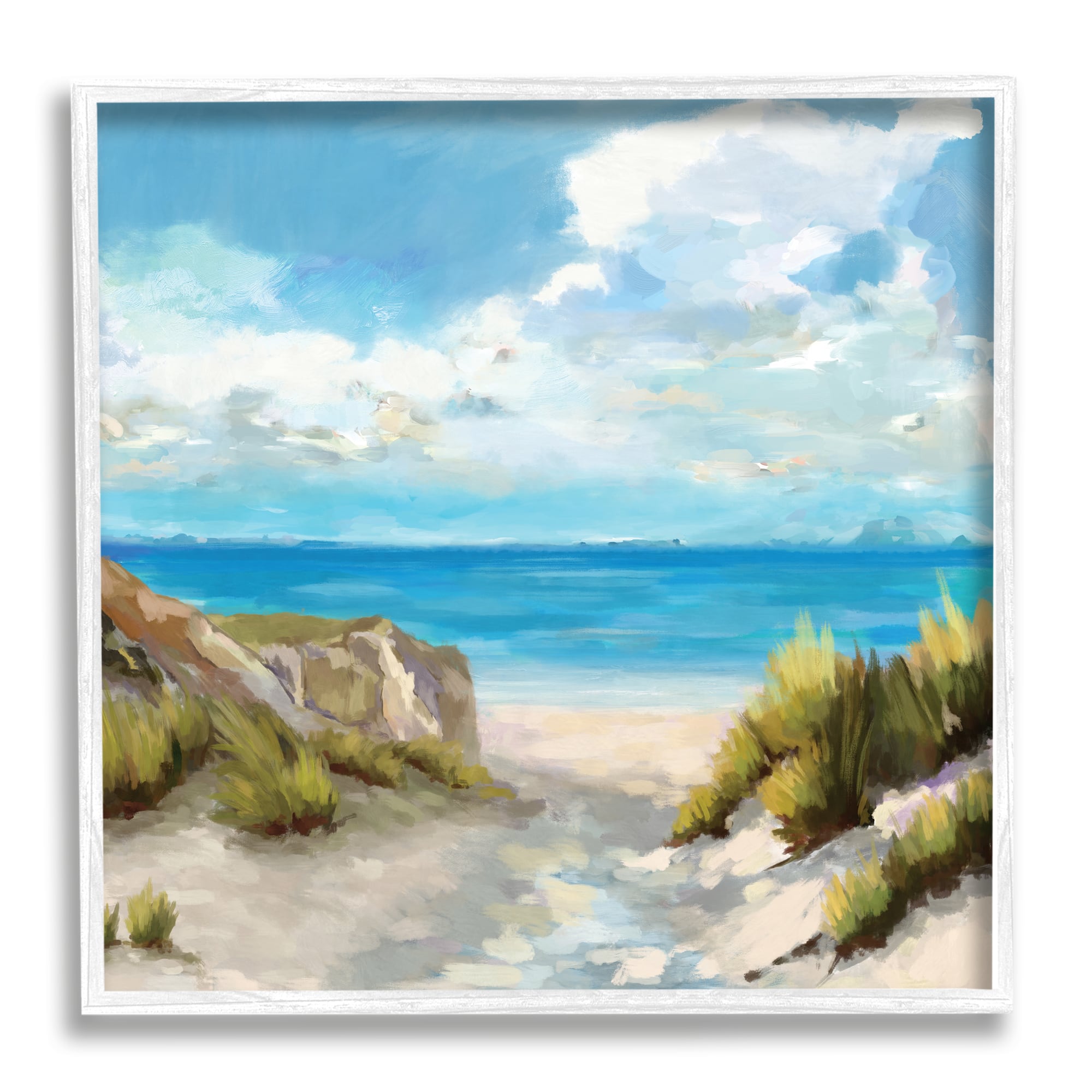 Stupell Industries Coastal Path to Beach Nautical Grass Cloudy Summer Sky in White Frame Wall Art