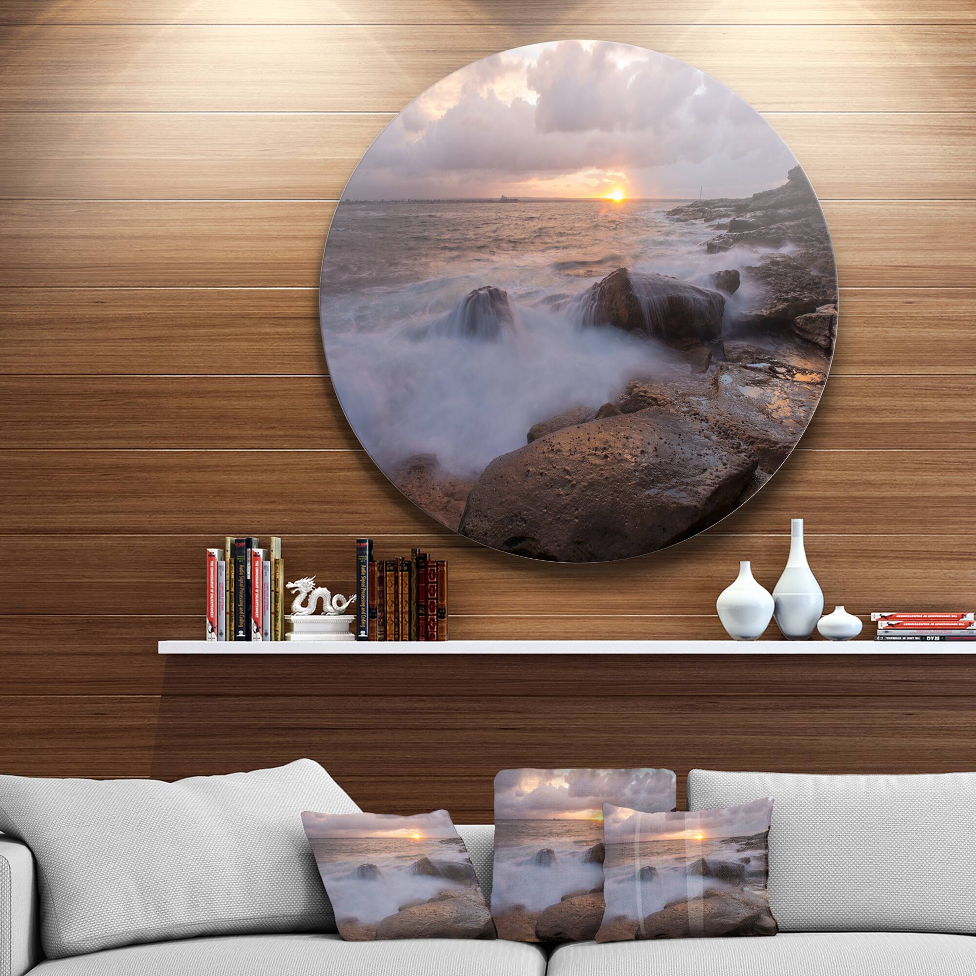 Designart - Waves Hitting Rocks in Australia Coastline' Ultra Glossy Seashore Metal Circle Wall Art