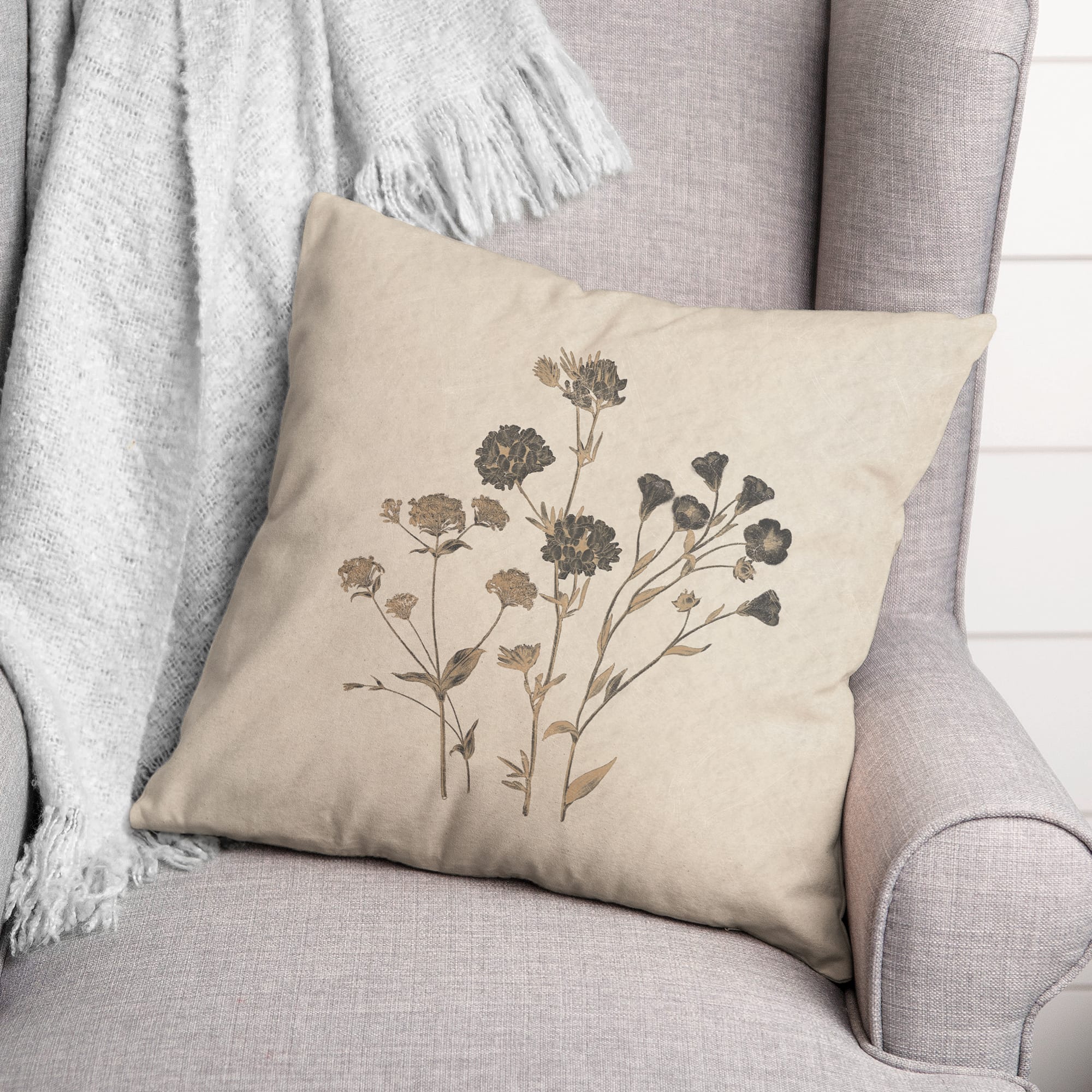 18" x 18" Charcoal Tan Botanicals Texture I Indoor & Outdoor Throw Pillow