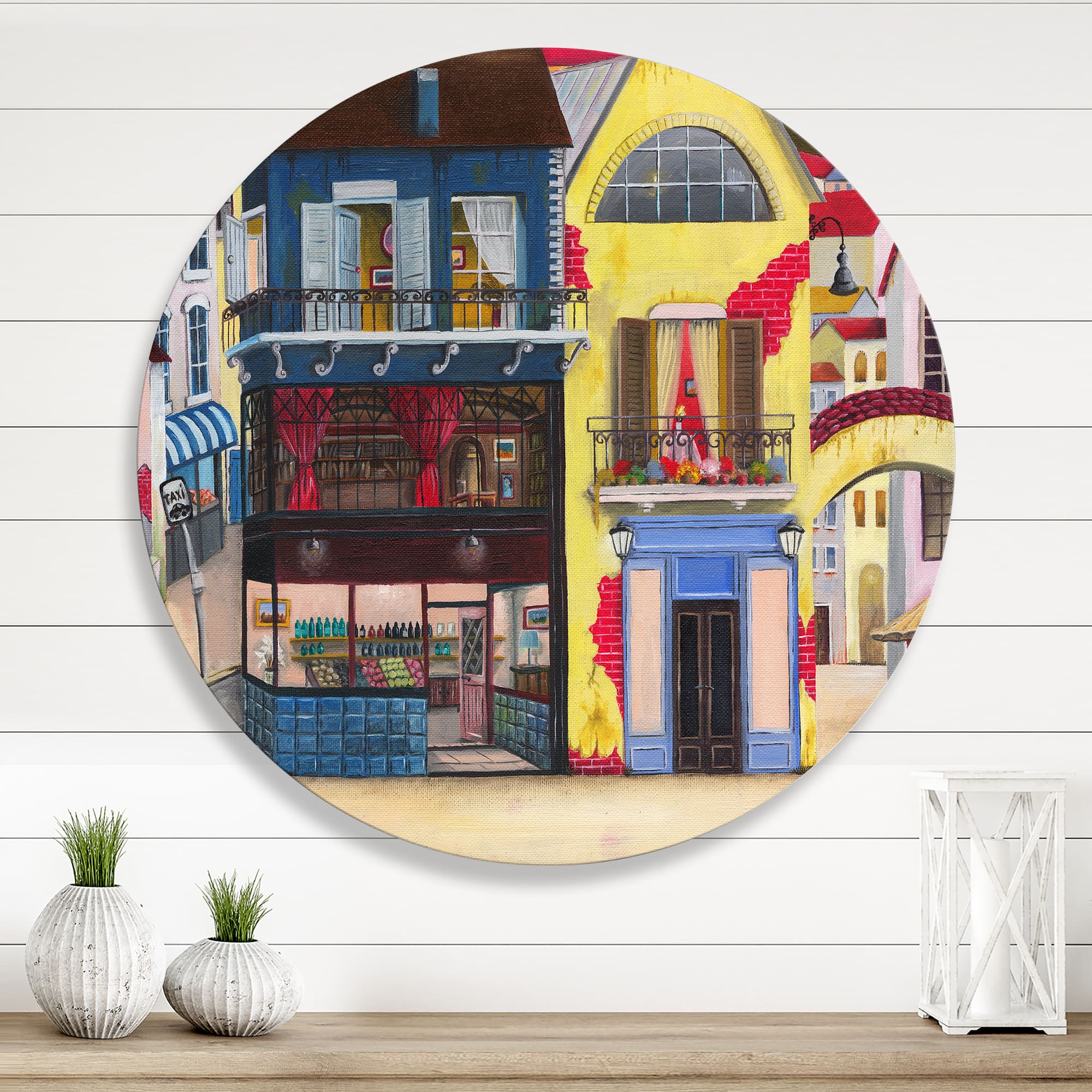 Designart - The Facade of The Buildings In A Cozy Streets - French Country Metal Circle Wall Art