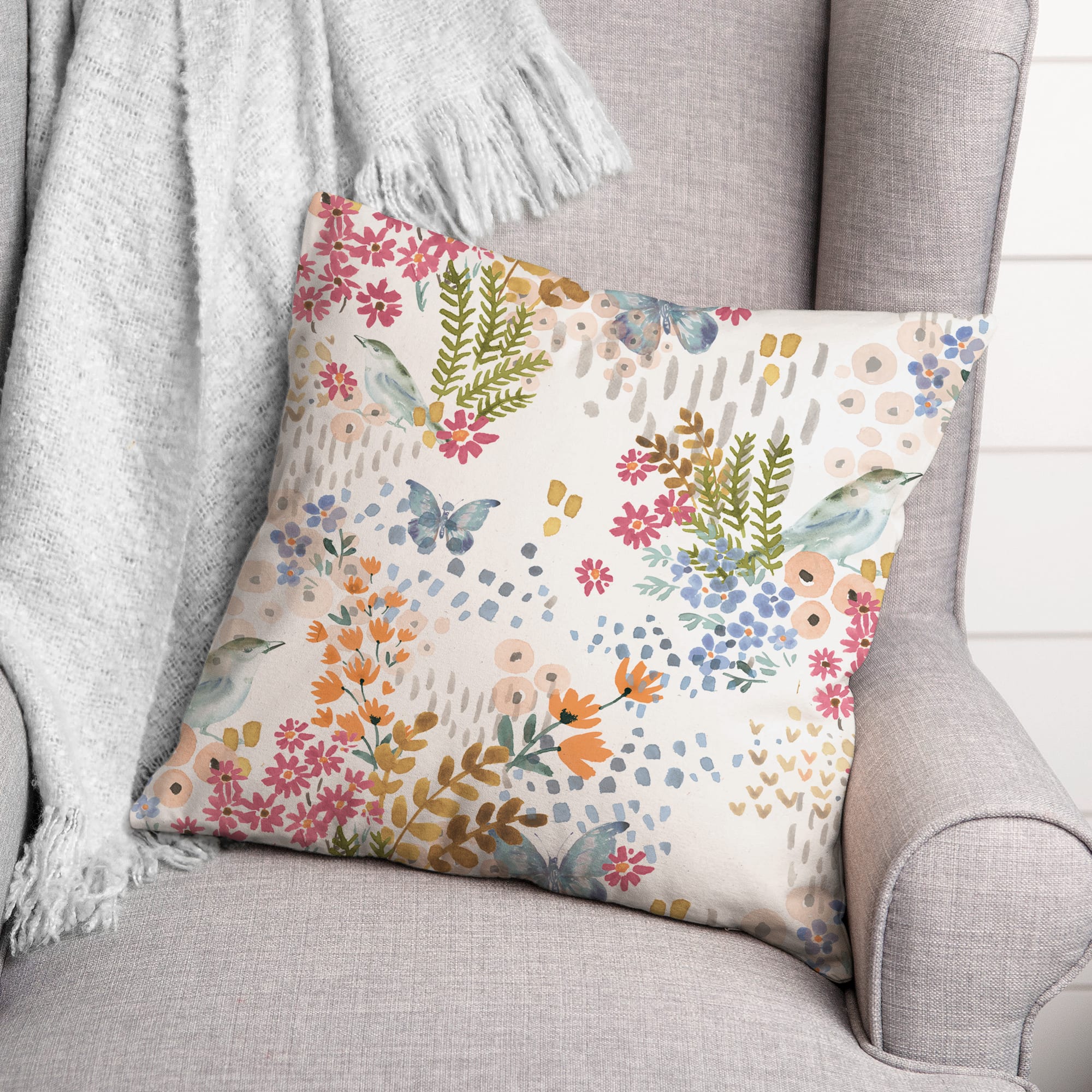 Butterfly Bird Floral Square Throw Pillow