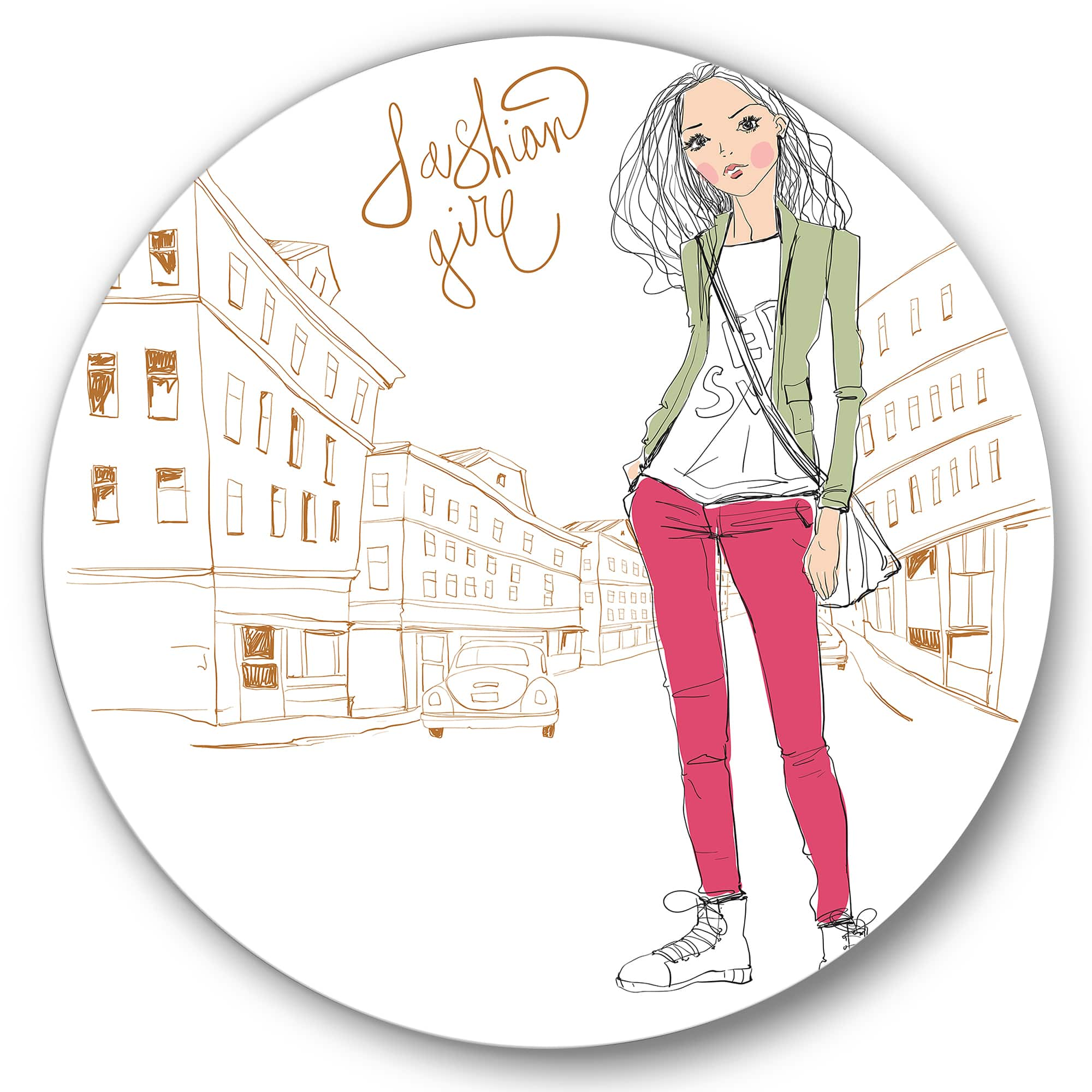 Designart - Trendy Fashion Girl II - Children&#x27;s Art Metal Circle Wall Art