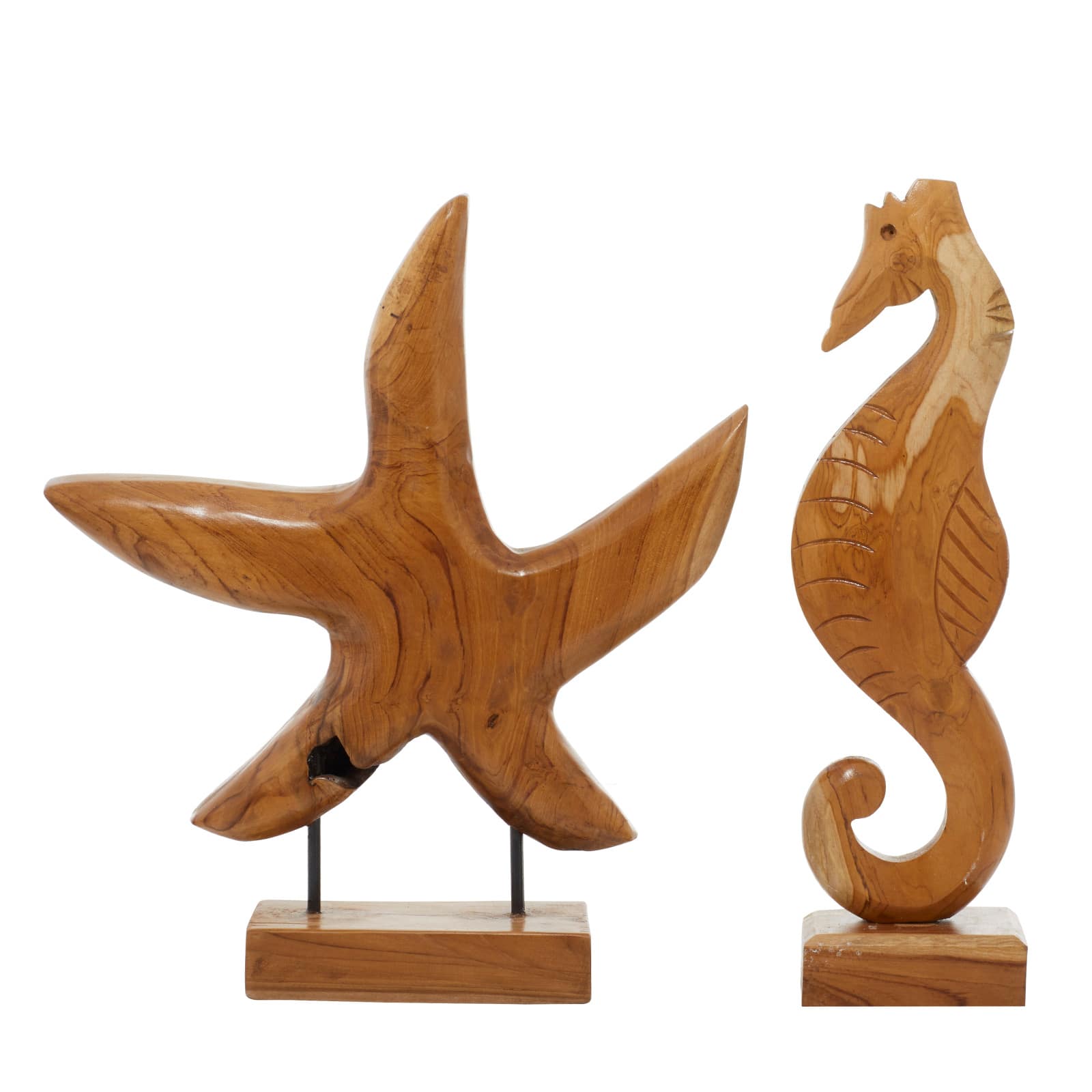 Set of 2 Brown Teak Wood Natural Sculpture 17", 18"